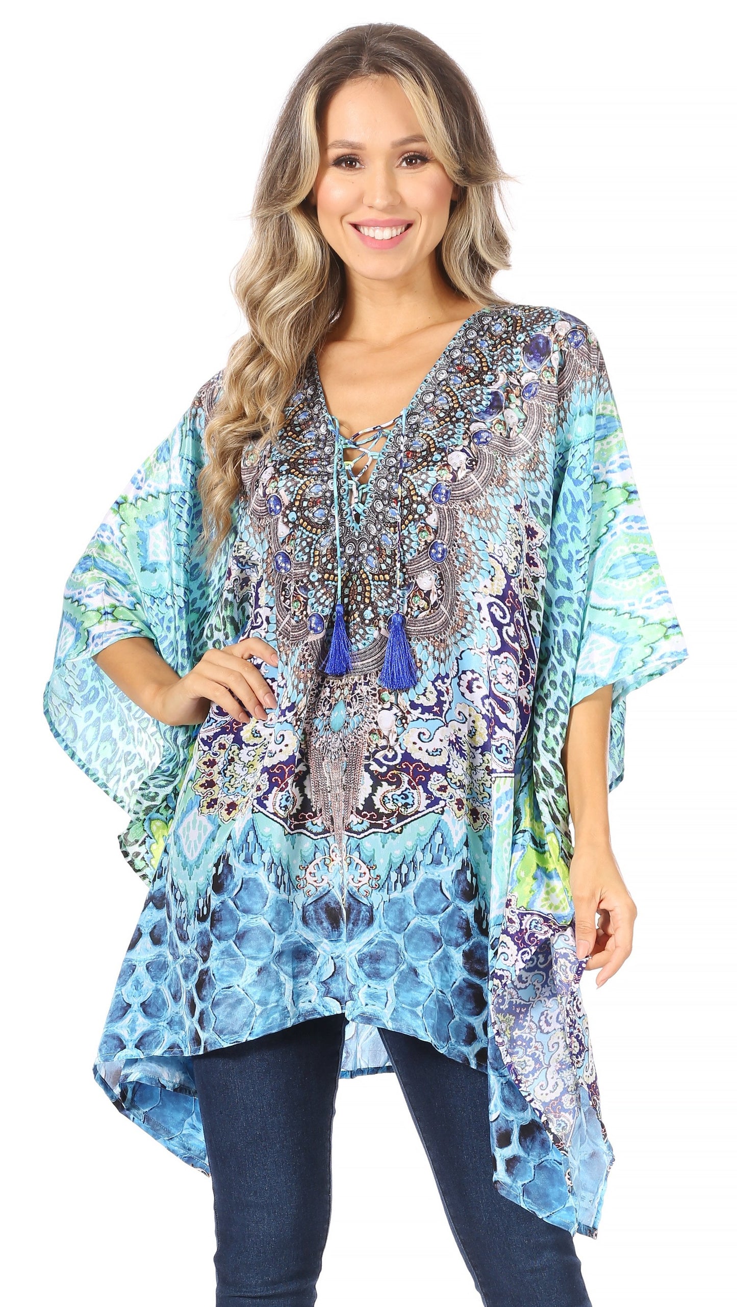 Stylish Rhinestone Lace-Up V-Neck Women's Caftan Poncho Cover-Up by Sakkas Aymee - Concordia Style Boutique
