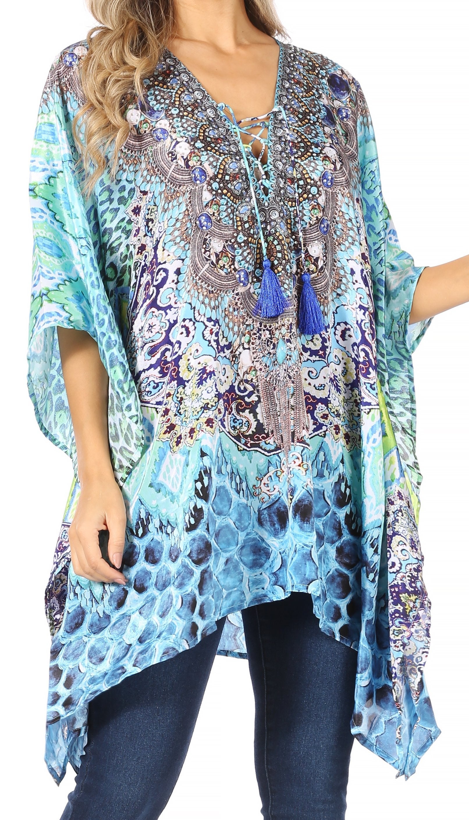 Stylish Rhinestone Lace-Up V-Neck Women's Caftan Poncho Cover-Up by Sakkas Aymee - Concordia Style Boutique