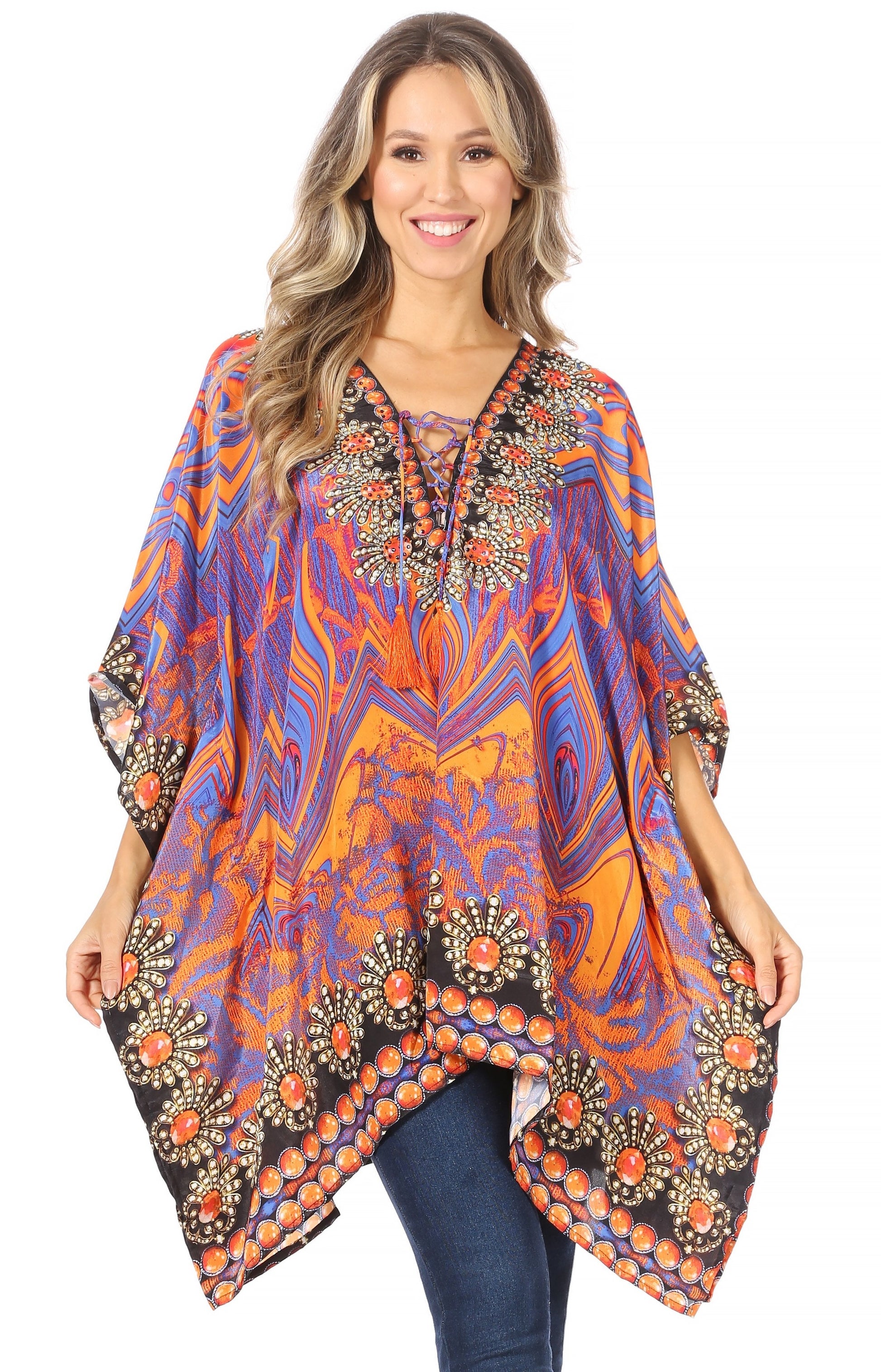 Stylish Rhinestone Lace-Up V-Neck Women's Caftan Poncho Cover-Up by Sakkas Aymee - Concordia Style Boutique