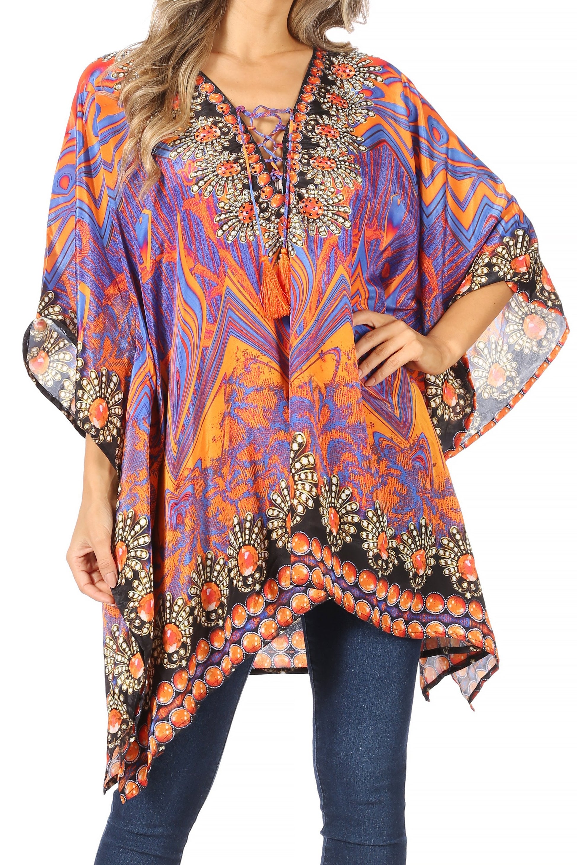 Stylish Rhinestone Lace-Up V-Neck Women's Caftan Poncho Cover-Up by Sakkas Aymee - Concordia Style Boutique
