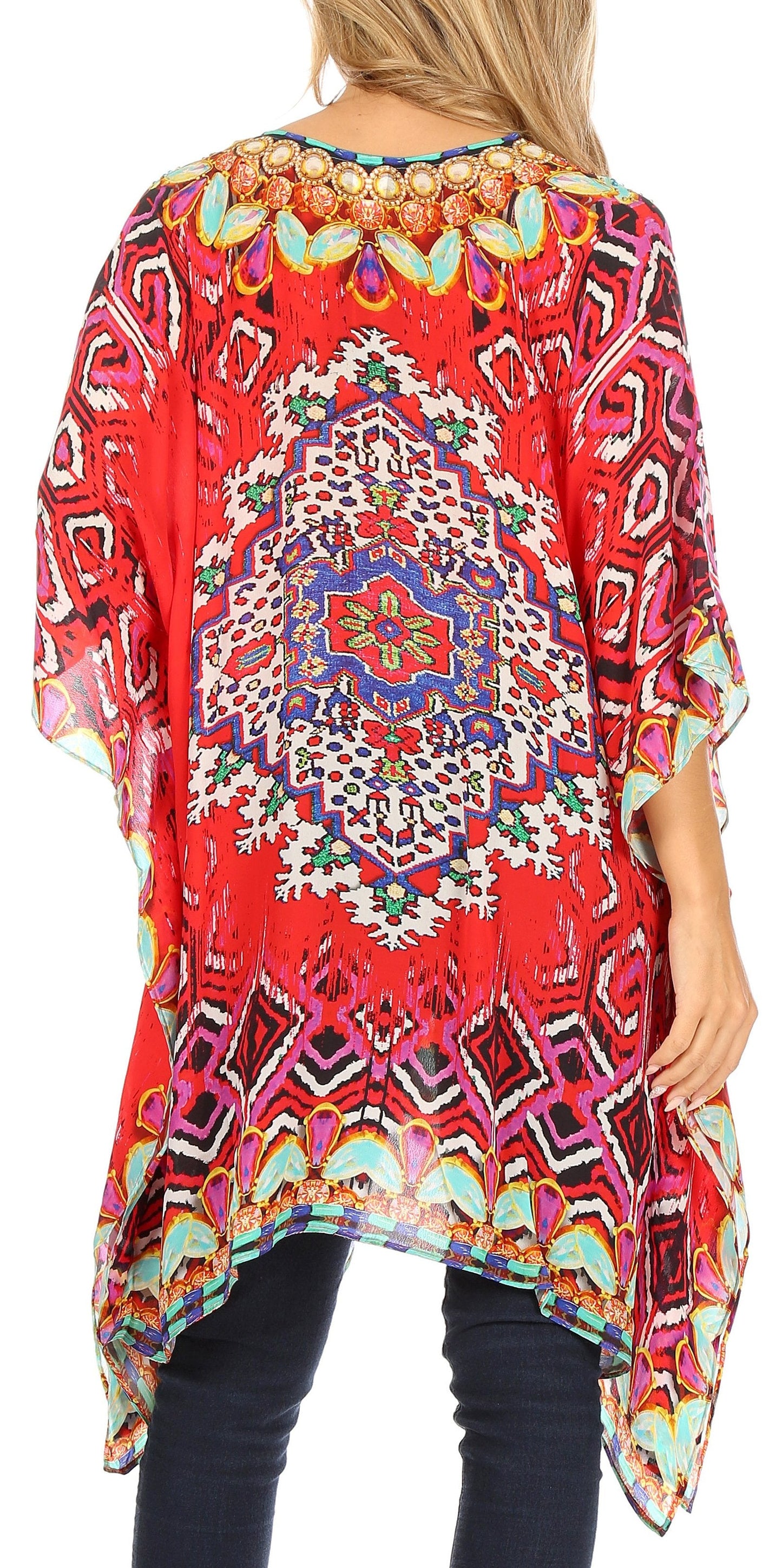 Stylish Rhinestone Lace-Up V-Neck Women's Caftan Poncho Cover-Up by Sakkas Aymee - Concordia Style Boutique