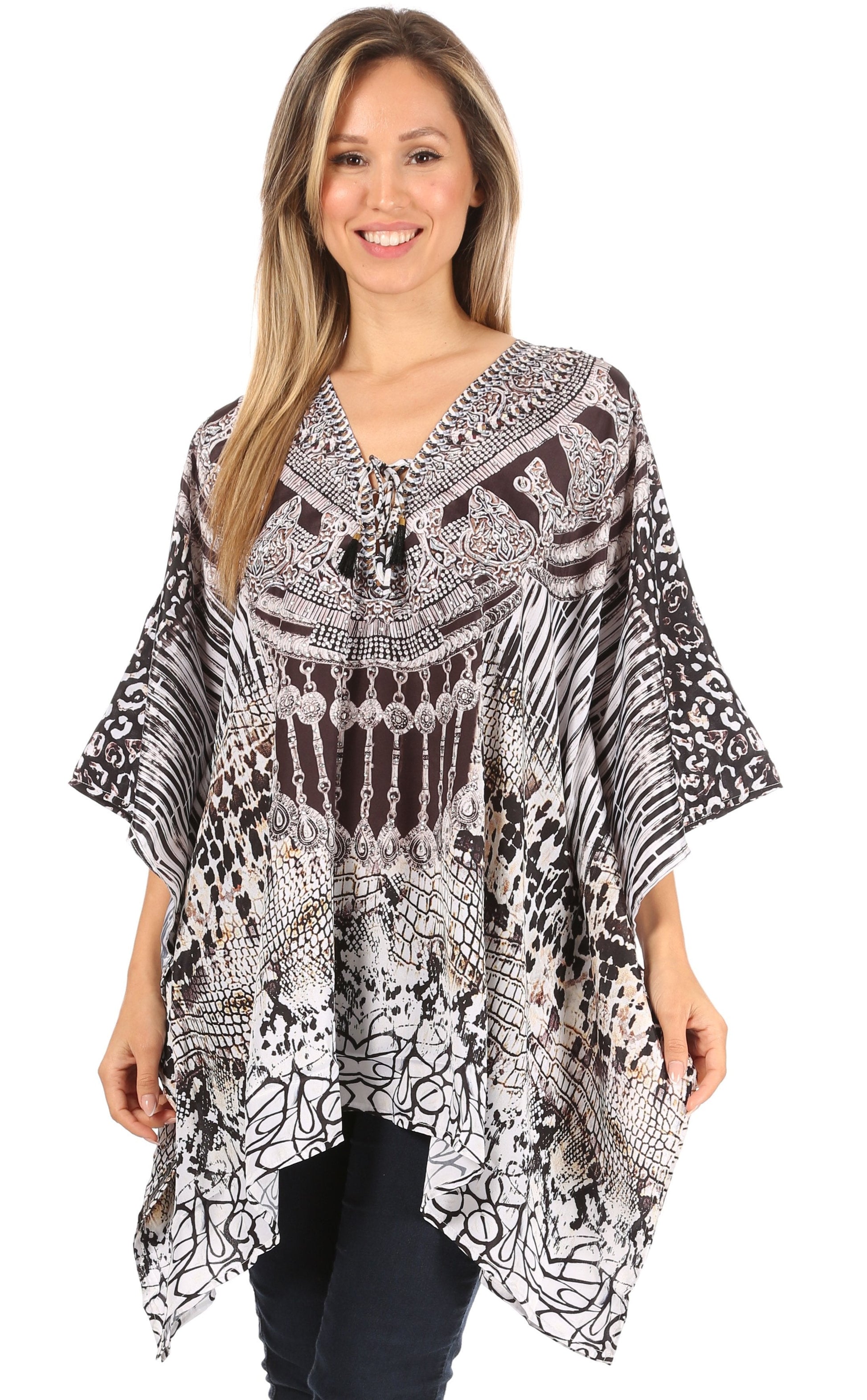 Stylish Rhinestone Lace-Up V-Neck Women's Caftan Poncho Cover-Up by Sakkas Aymee - Concordia Style Boutique
