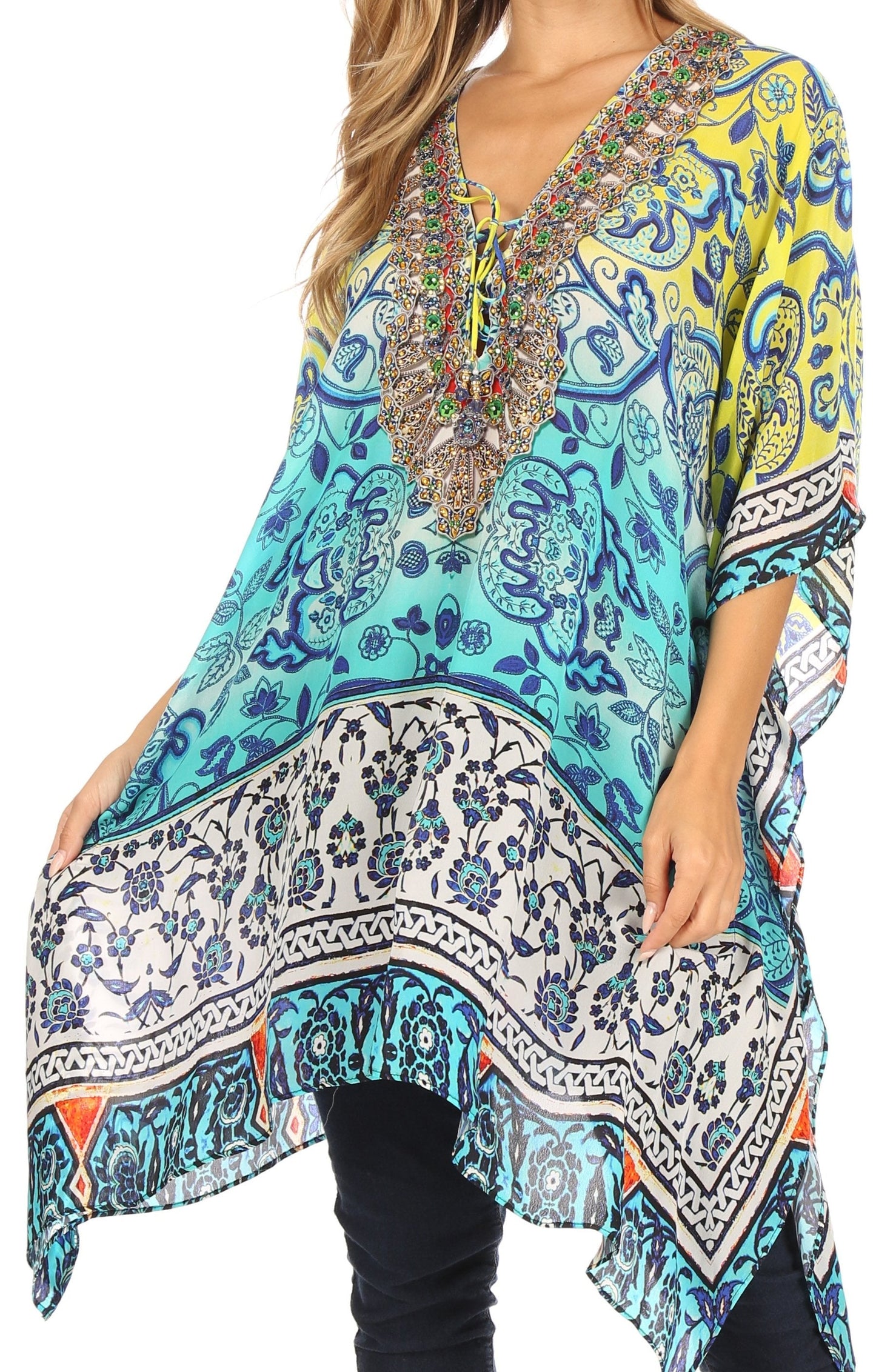 Stylish Rhinestone Lace-Up V-Neck Women's Caftan Poncho Cover-Up by Sakkas Aymee - Concordia Style Boutique