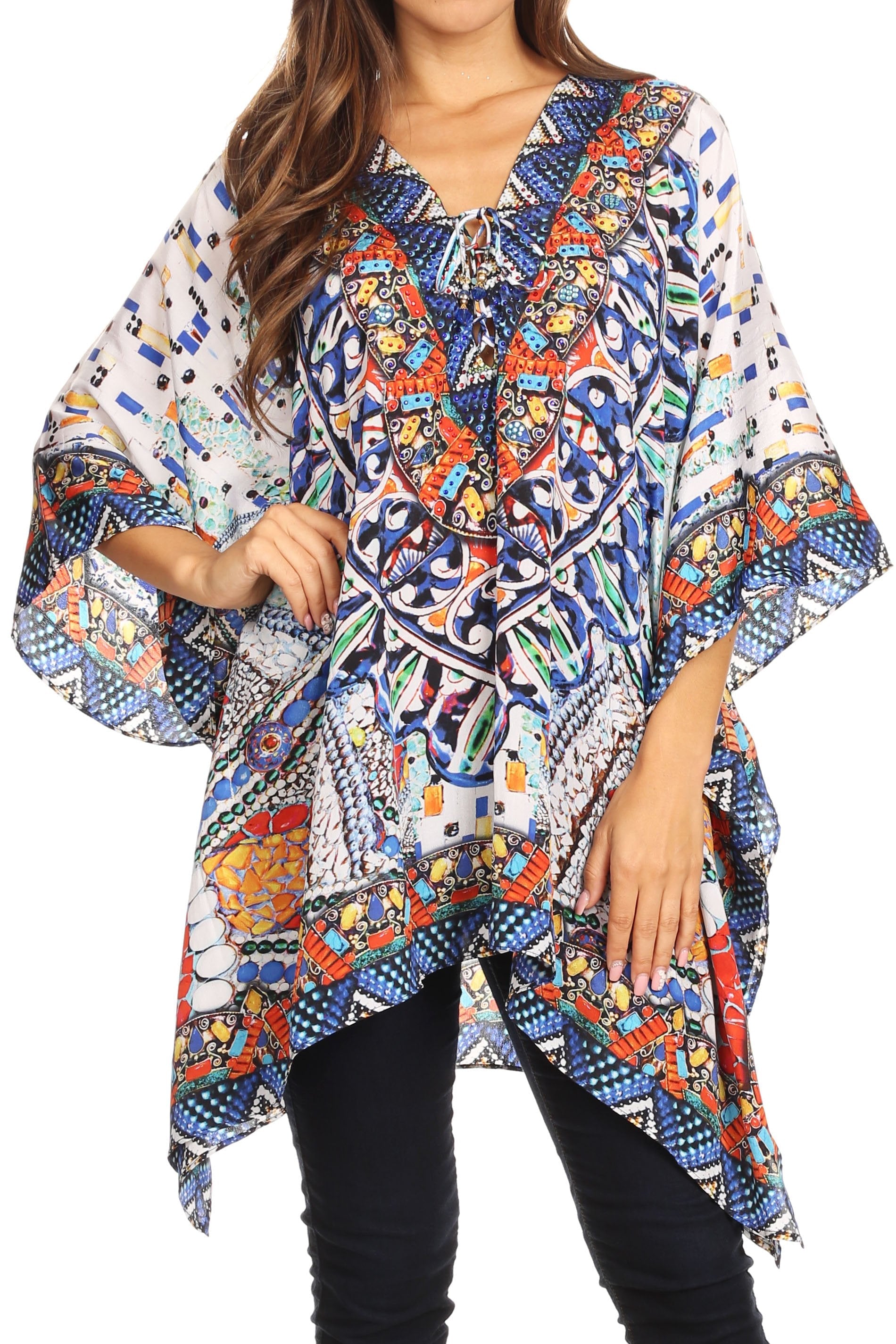 Stylish Rhinestone Lace-Up V-Neck Women's Caftan Poncho Cover-Up by Sakkas Aymee - Concordia Style Boutique