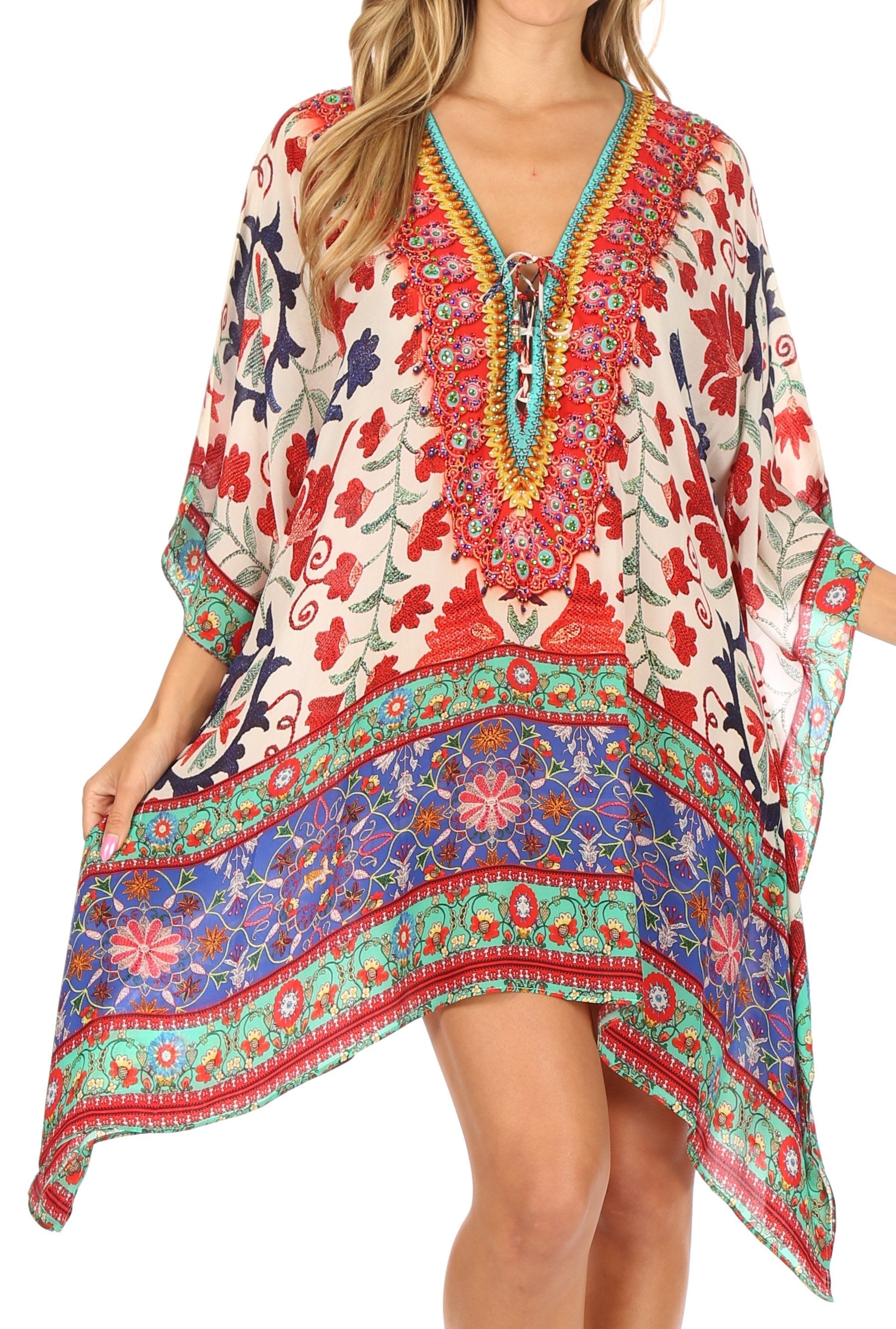 Stylish Rhinestone Lace-Up V-Neck Women's Caftan Poncho Cover-Up by Sakkas Aymee - Concordia Style Boutique