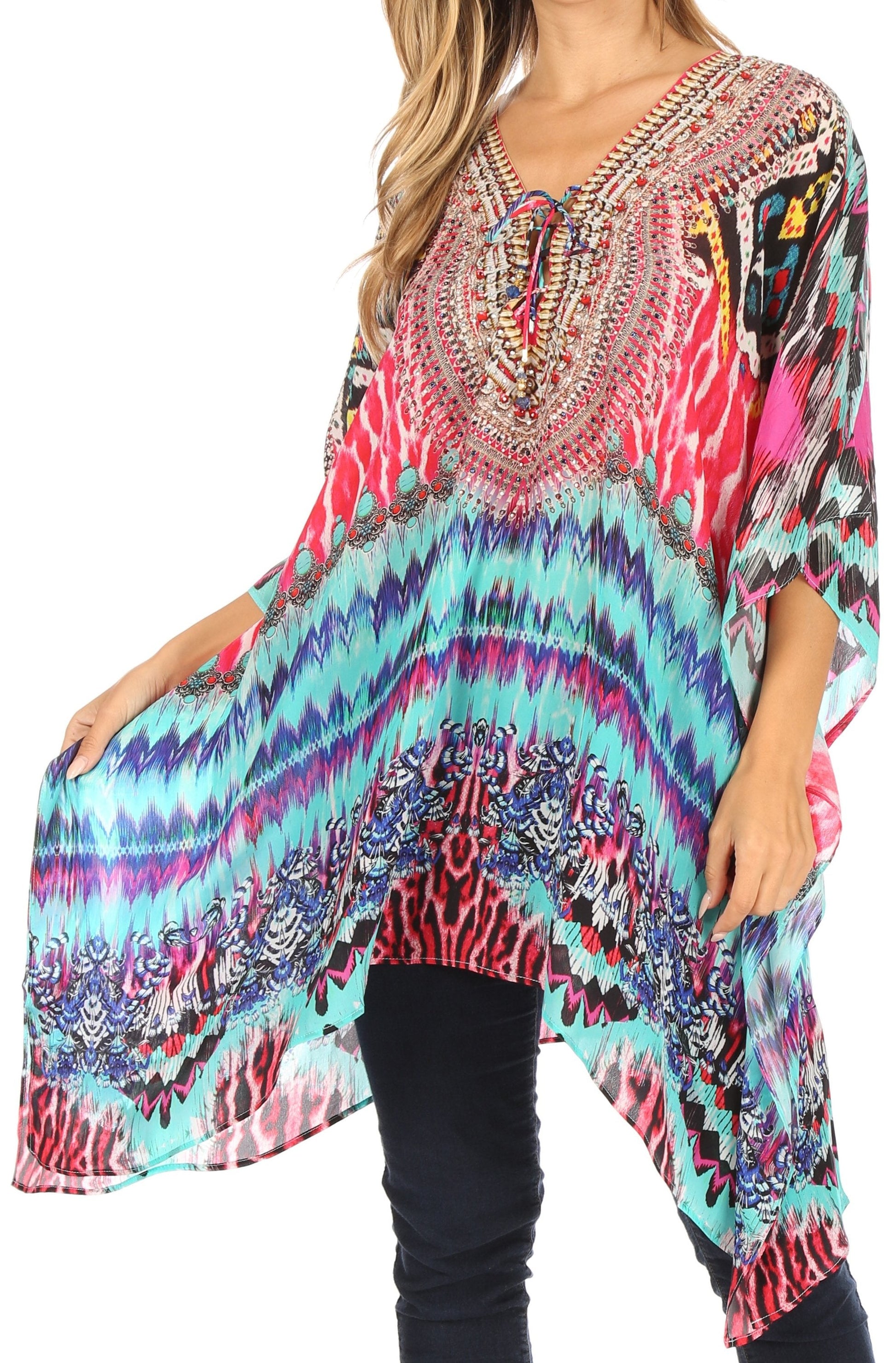 Stylish Rhinestone Lace-Up V-Neck Women's Caftan Poncho Cover-Up by Sakkas Aymee - Concordia Style Boutique