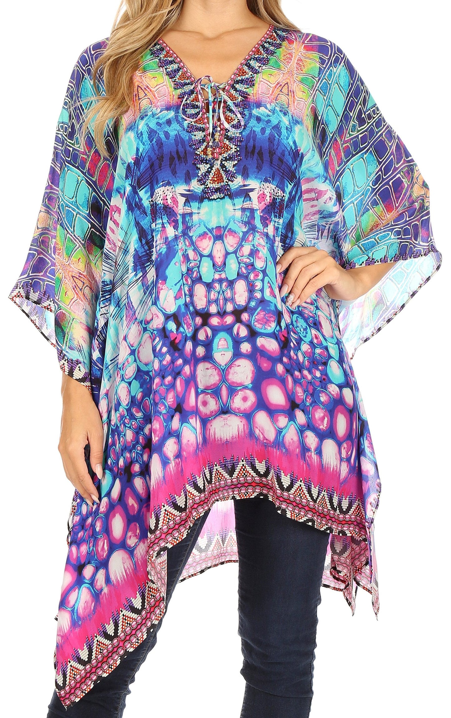 Stylish Rhinestone Lace-Up V-Neck Women's Caftan Poncho Cover-Up by Sakkas Aymee - Concordia Style Boutique