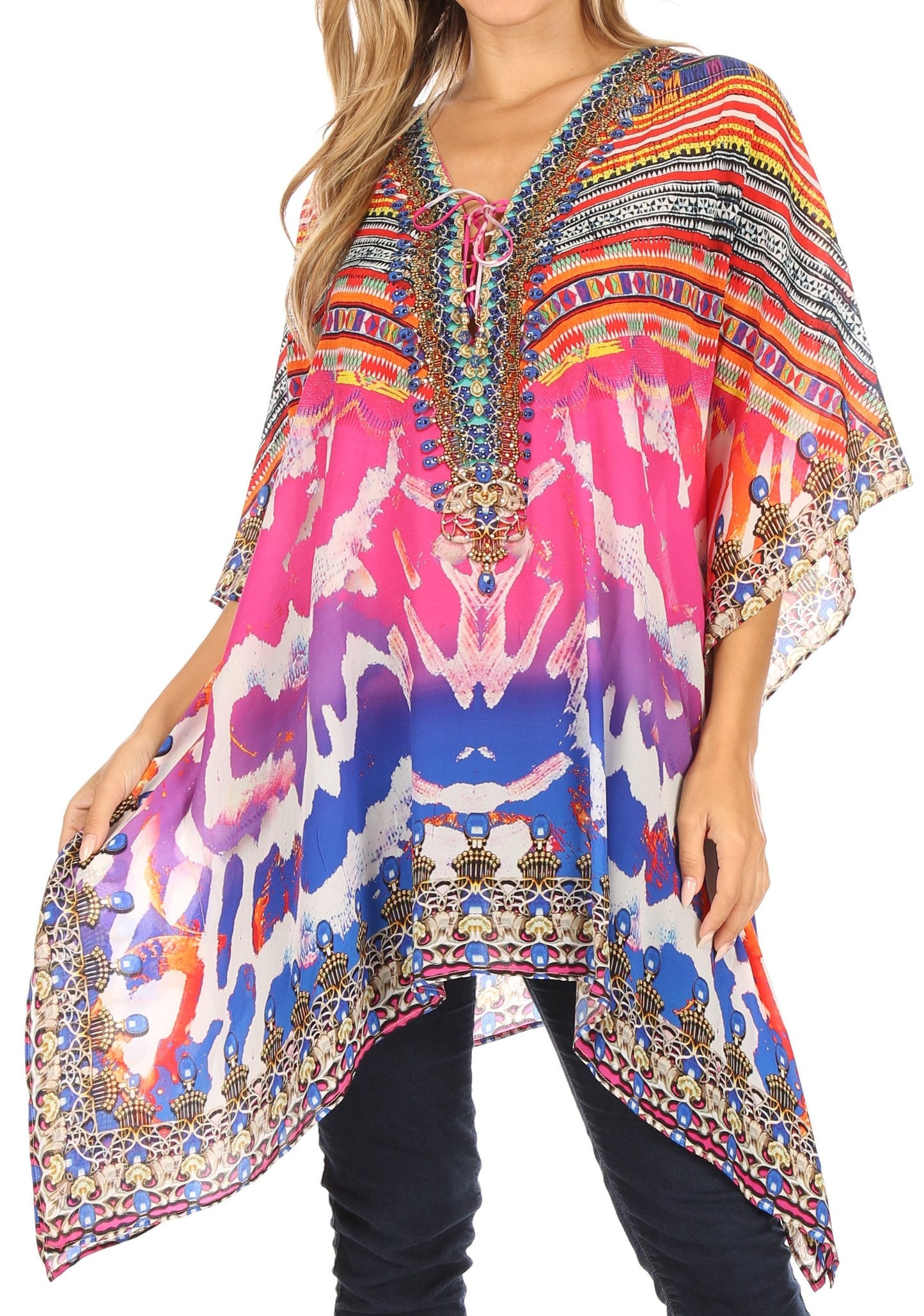 Stylish Rhinestone Lace-Up V-Neck Women's Caftan Poncho Cover-Up by Sakkas Aymee - Concordia Style Boutique