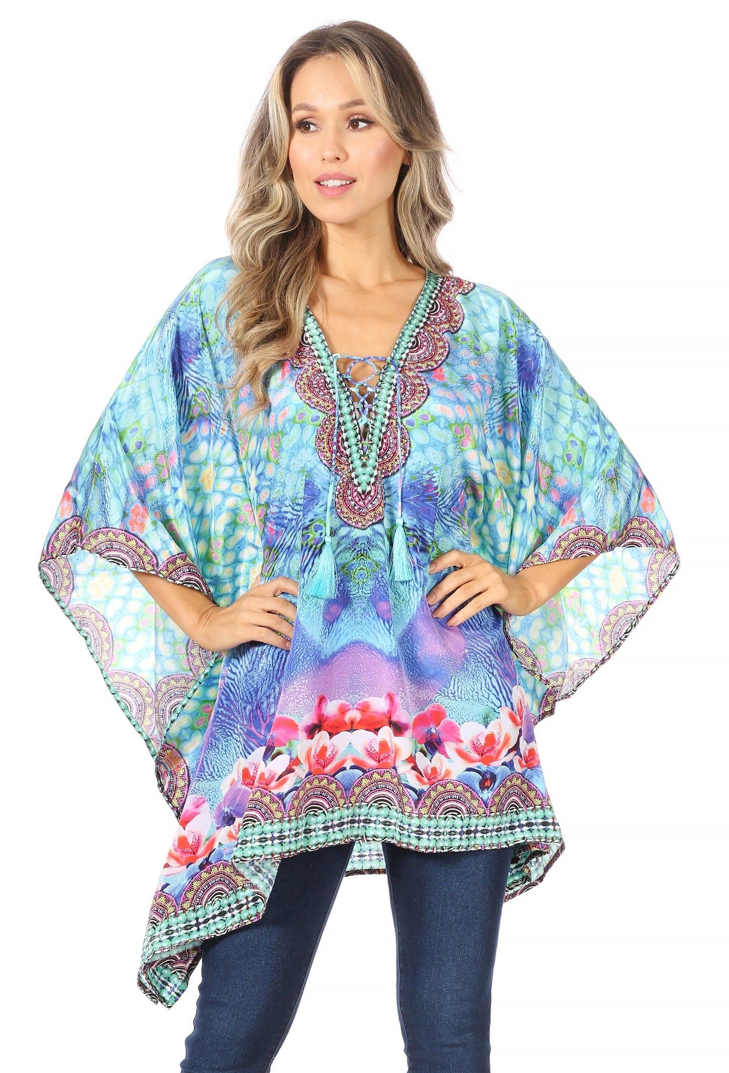 Stylish Rhinestone Lace-Up V-Neck Women's Caftan Poncho Cover-Up by Sakkas Aymee - Concordia Style Boutique