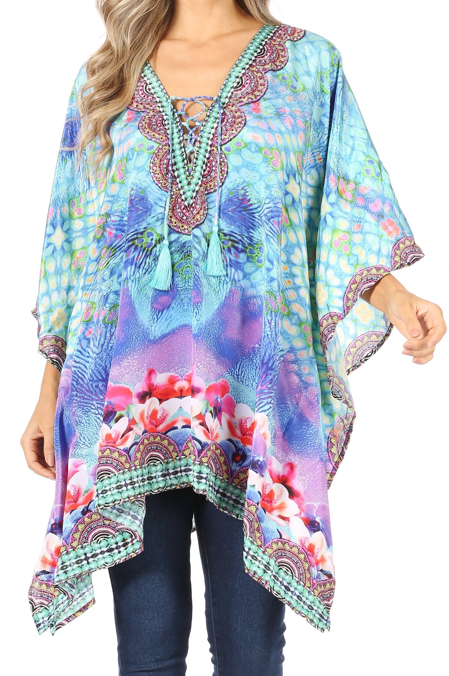 Stylish Rhinestone Lace-Up V-Neck Women's Caftan Poncho Cover-Up by Sakkas Aymee - Concordia Style Boutique