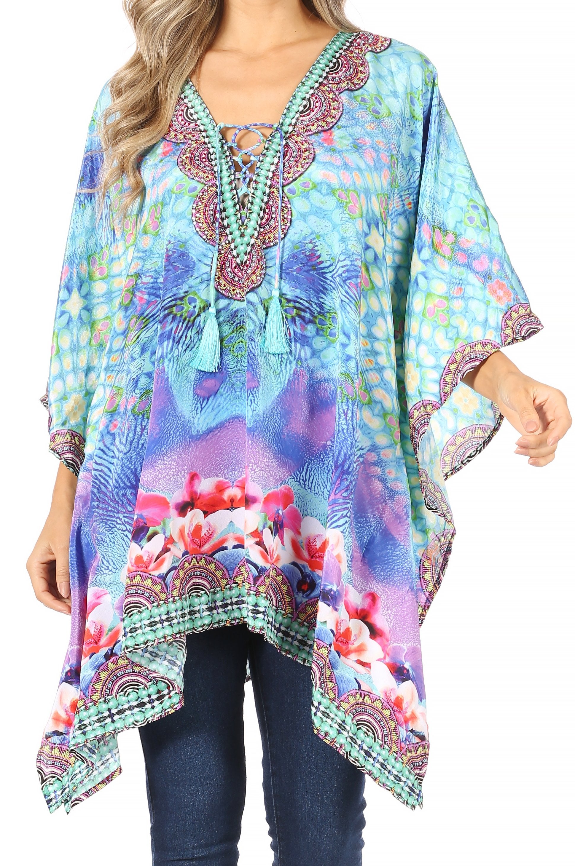 Stylish Rhinestone Lace-Up V-Neck Women's Caftan Poncho Cover-Up by Sakkas Aymee - Concordia Style Boutique