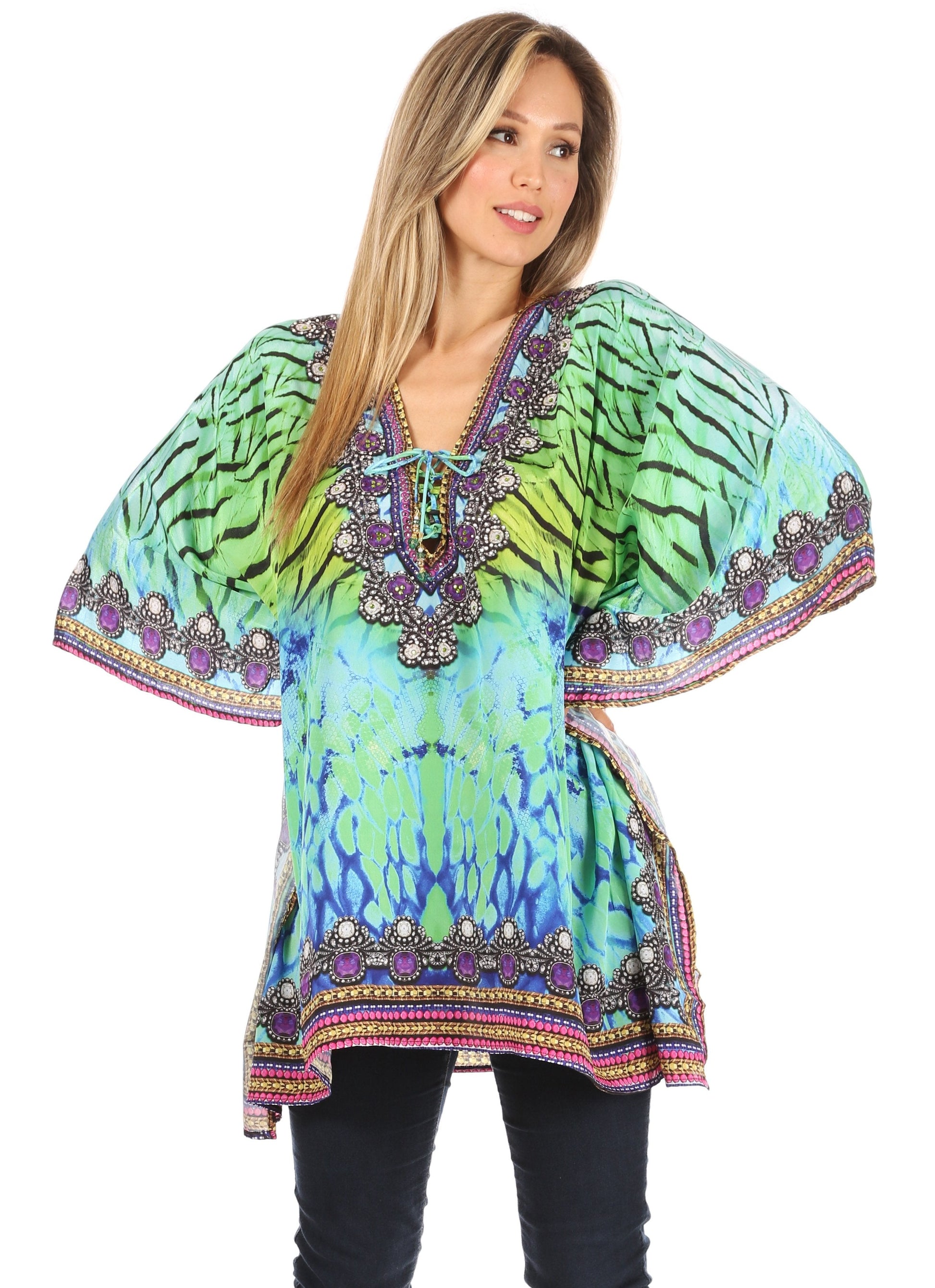 Stylish Rhinestone Lace-Up V-Neck Women's Caftan Poncho Cover-Up by Sakkas Aymee - Concordia Style Boutique