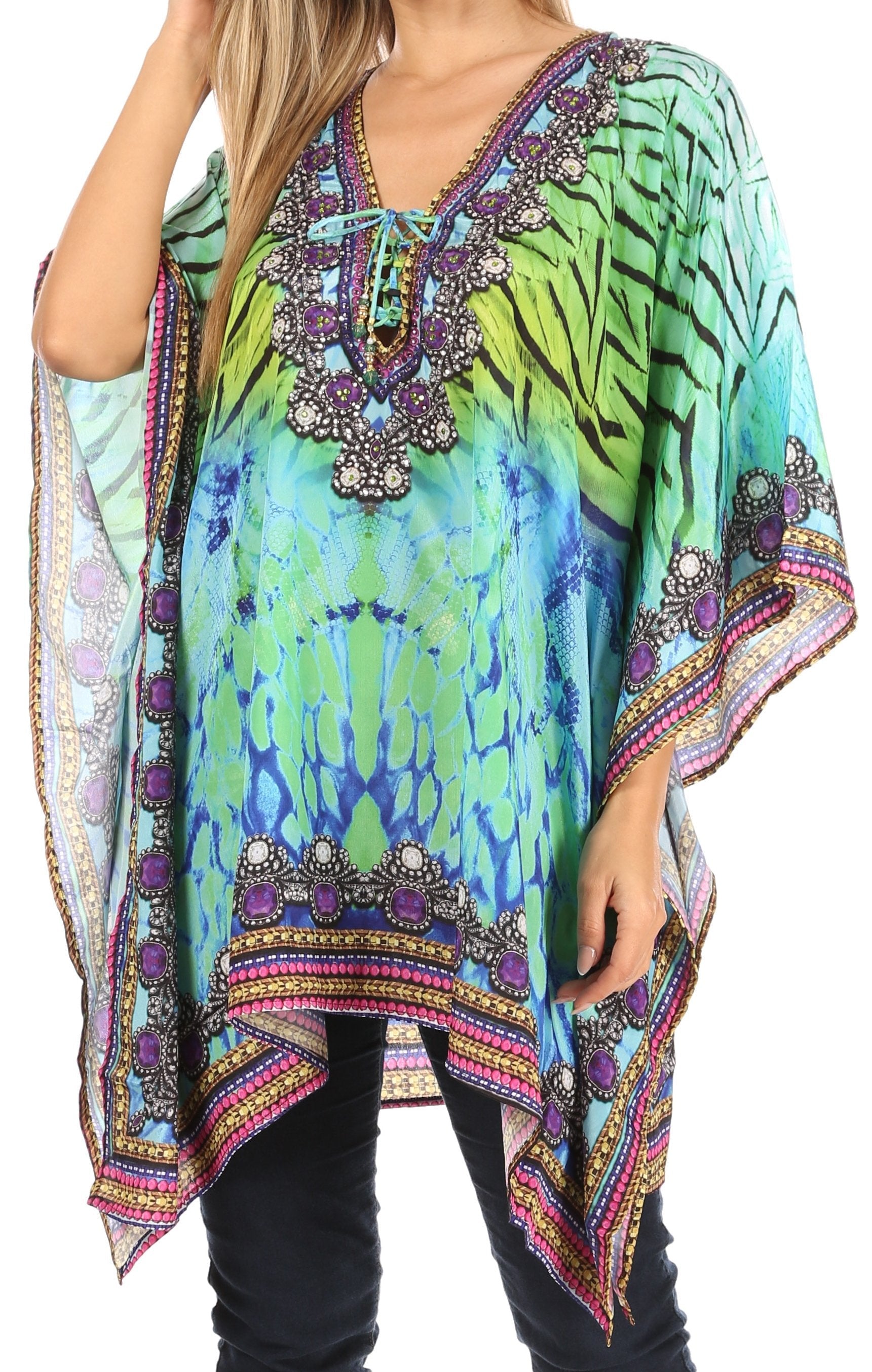 Stylish Rhinestone Lace-Up V-Neck Women's Caftan Poncho Cover-Up by Sakkas Aymee - Concordia Style Boutique