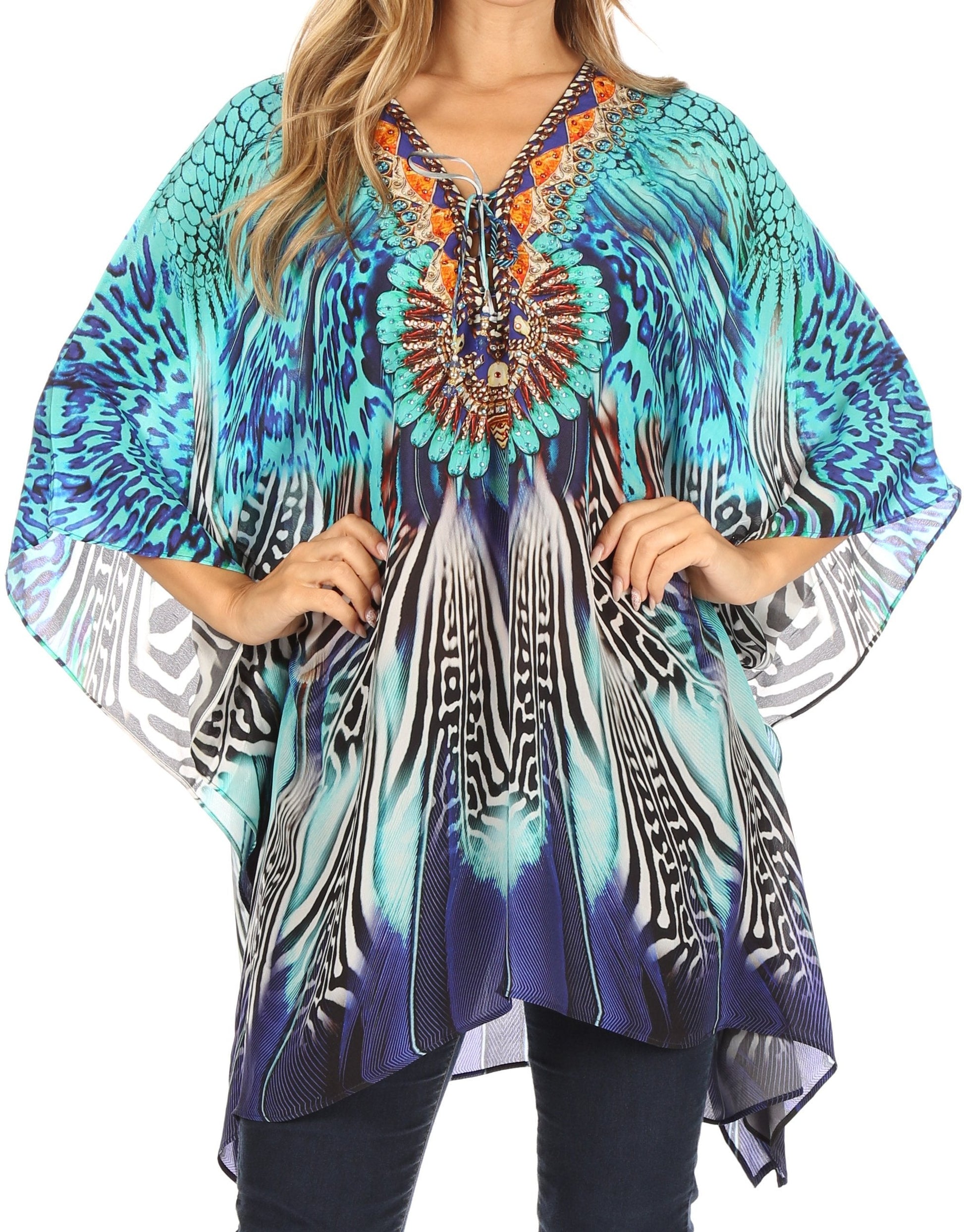 Stylish Rhinestone Lace-Up V-Neck Women's Caftan Poncho Cover-Up by Sakkas Aymee - Concordia Style Boutique