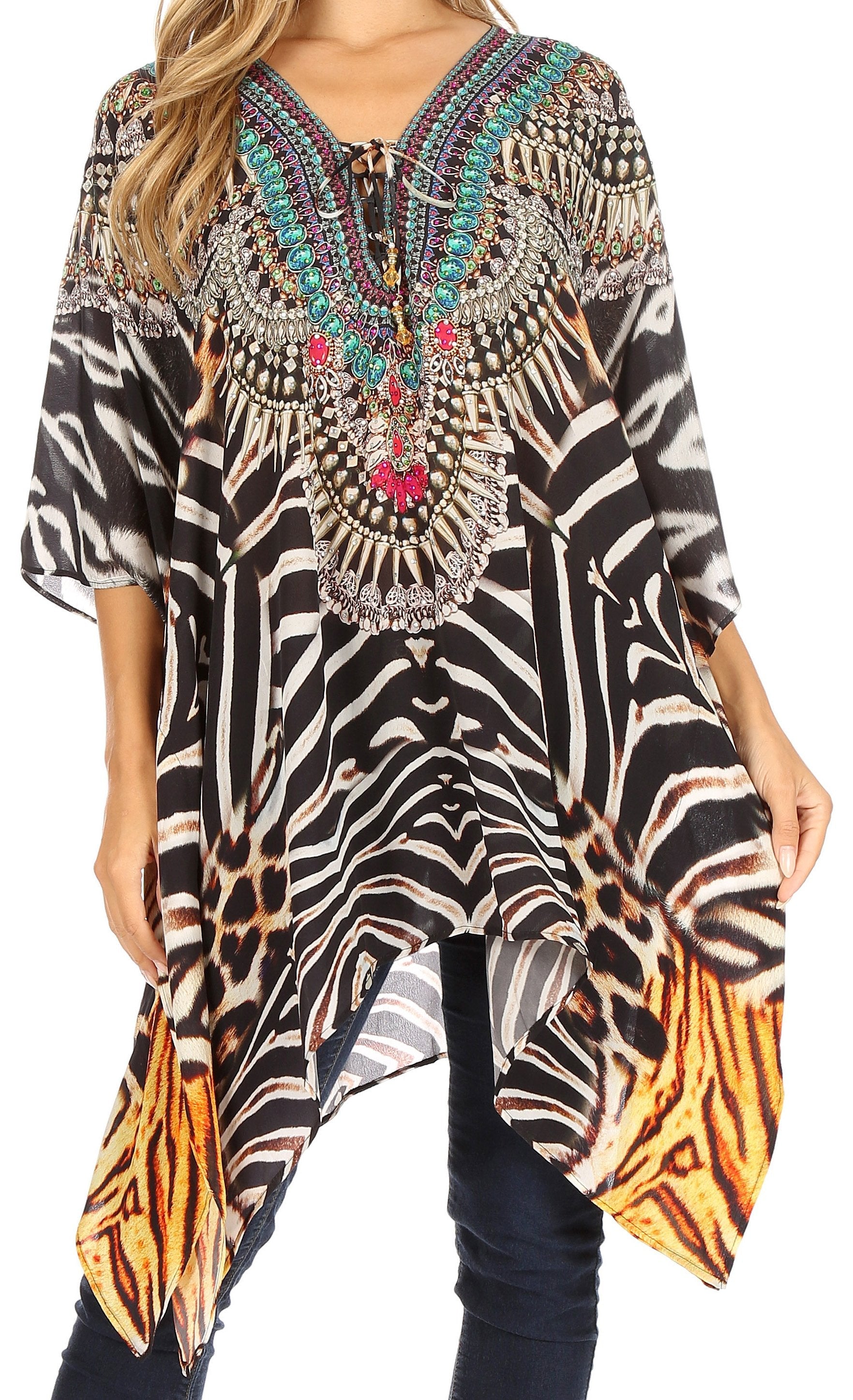 Stylish Rhinestone Lace-Up V-Neck Women's Caftan Poncho Cover-Up by Sakkas Aymee - Concordia Style Boutique