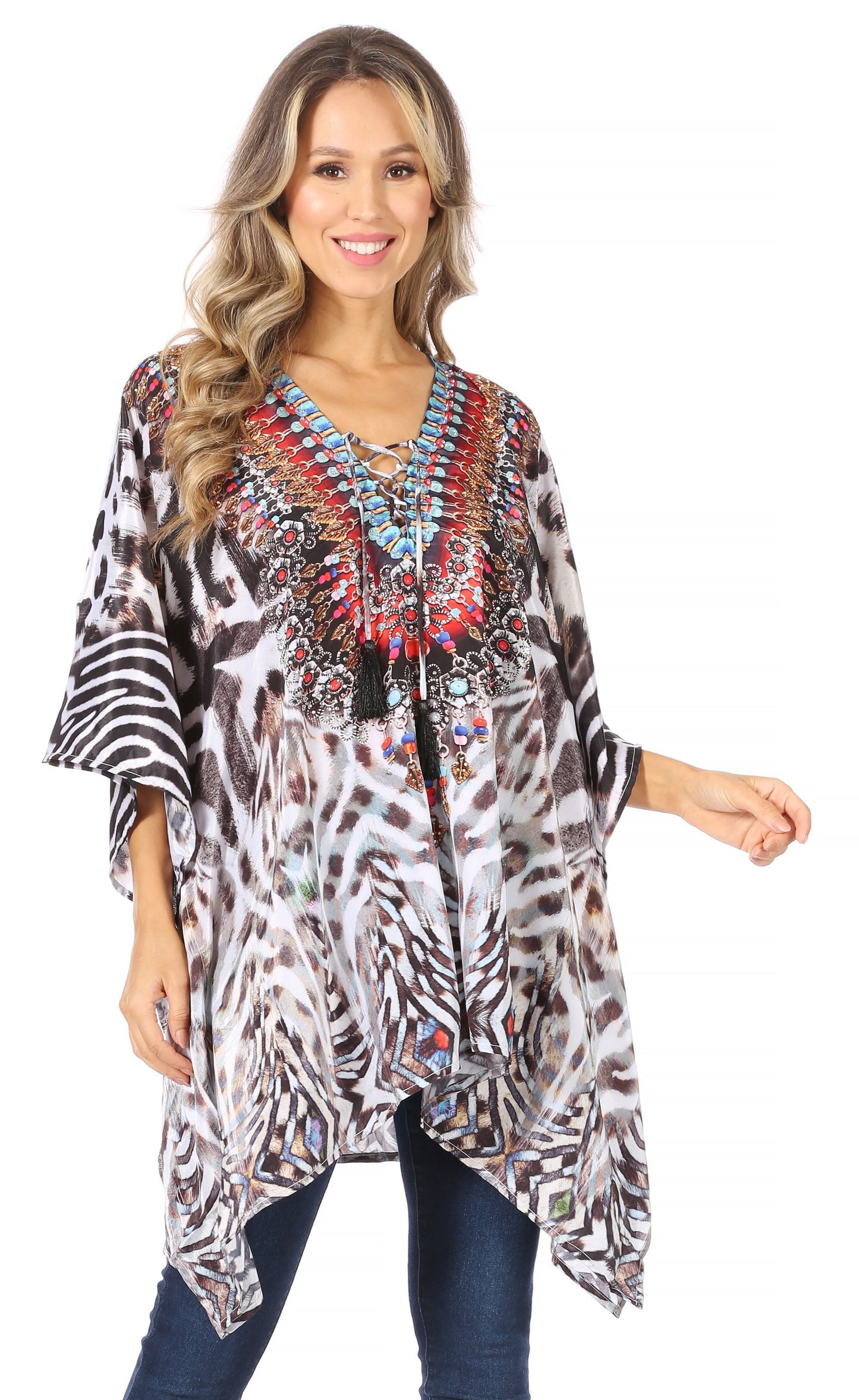 Stylish Rhinestone Lace-Up V-Neck Women's Caftan Poncho Cover-Up by Sakkas Aymee - Concordia Style Boutique