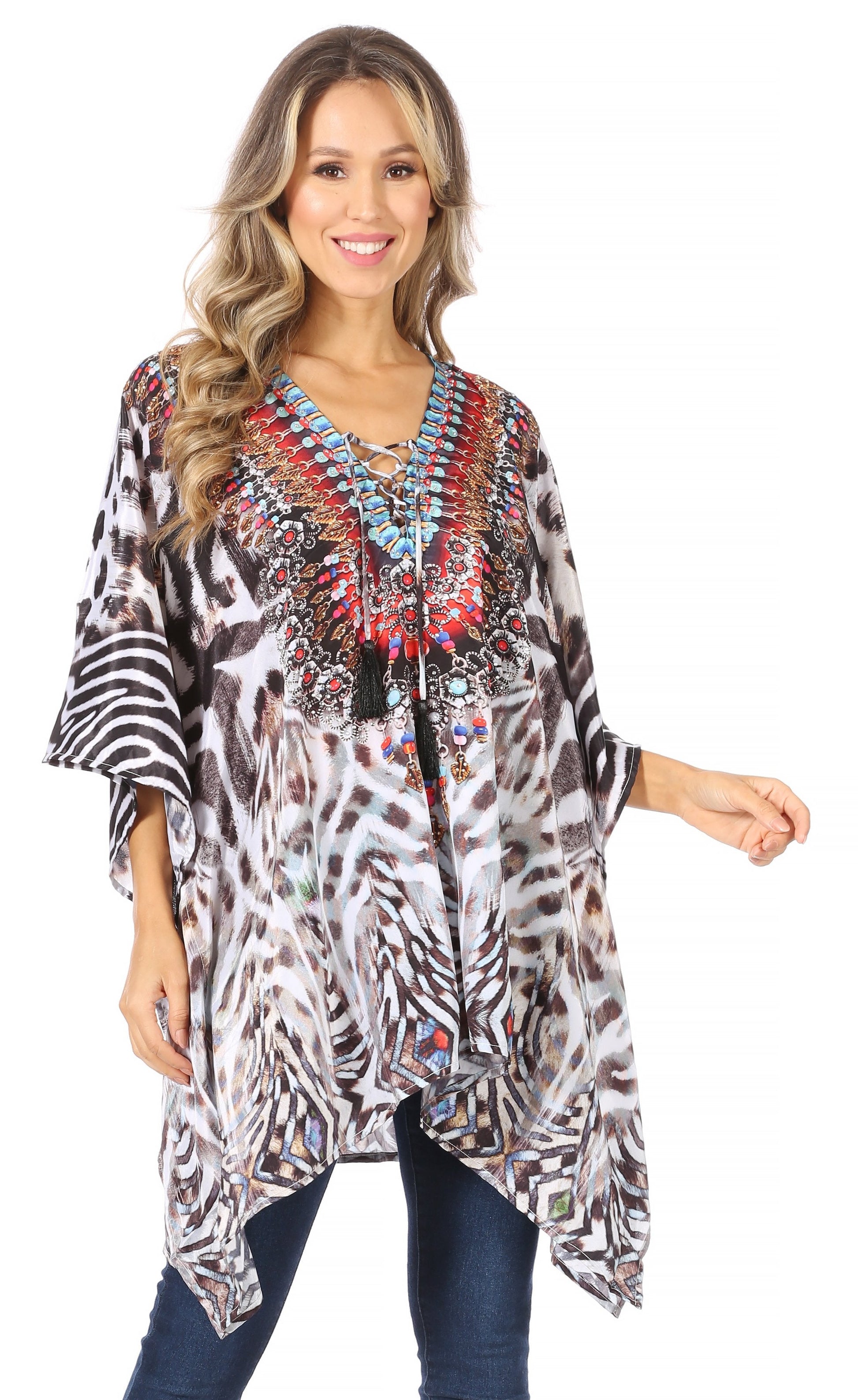 Stylish Rhinestone Lace-Up V-Neck Women's Caftan Poncho Cover-Up by Sakkas Aymee - Concordia Style Boutique