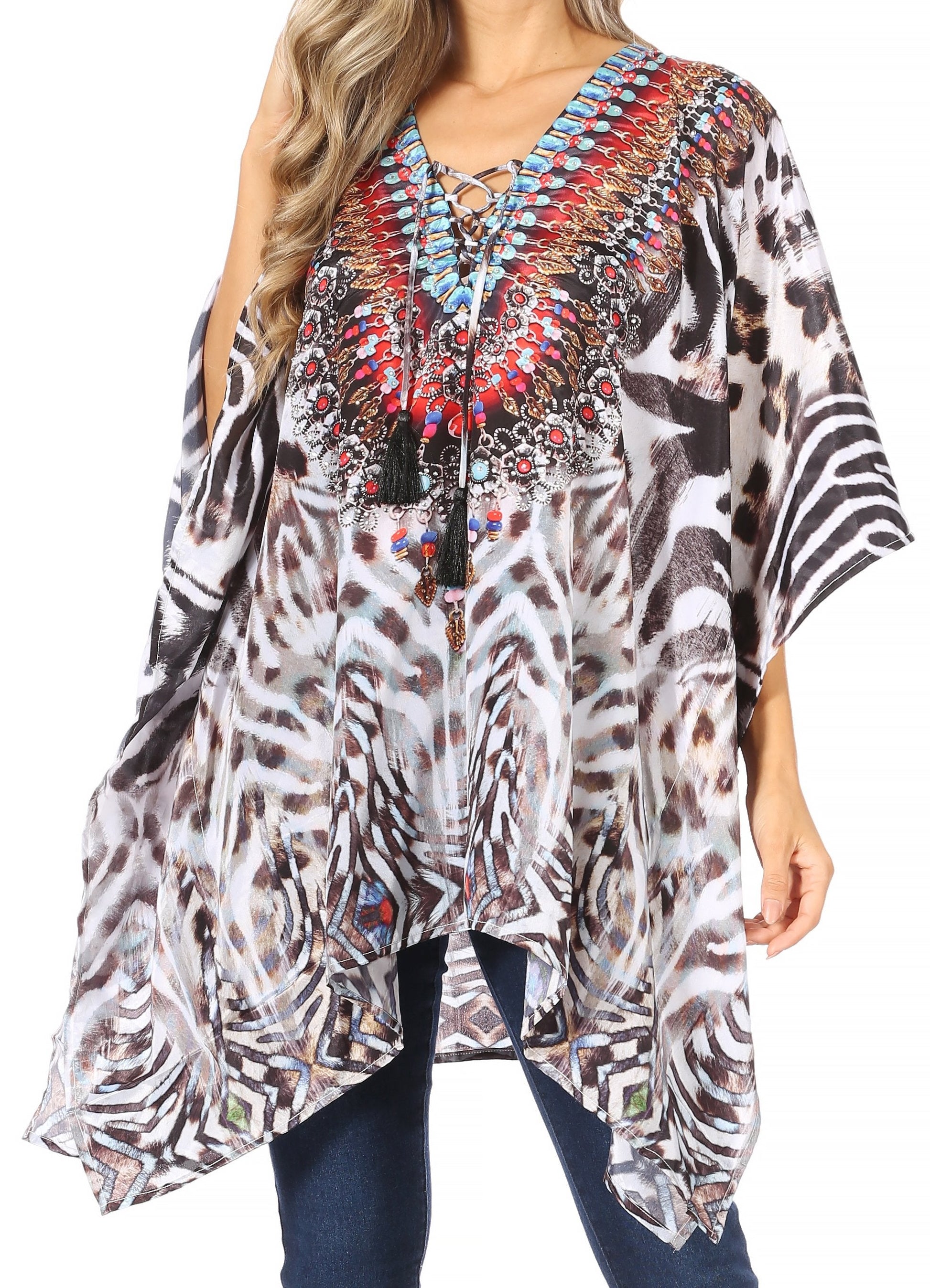 Stylish Rhinestone Lace-Up V-Neck Women's Caftan Poncho Cover-Up by Sakkas Aymee - Concordia Style Boutique