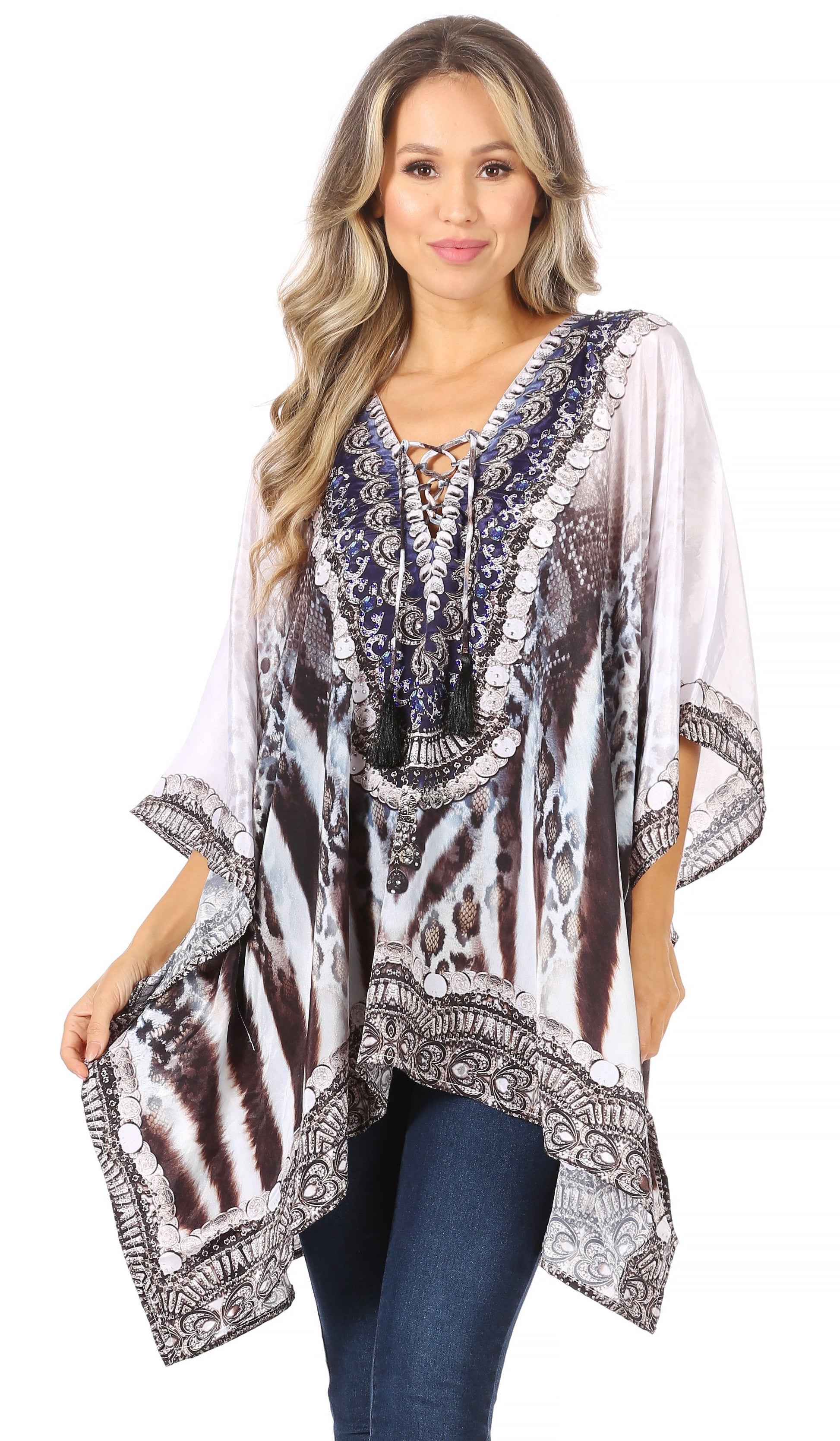 Stylish Rhinestone Lace-Up V-Neck Women's Caftan Poncho Cover-Up by Sakkas Aymee - Concordia Style Boutique