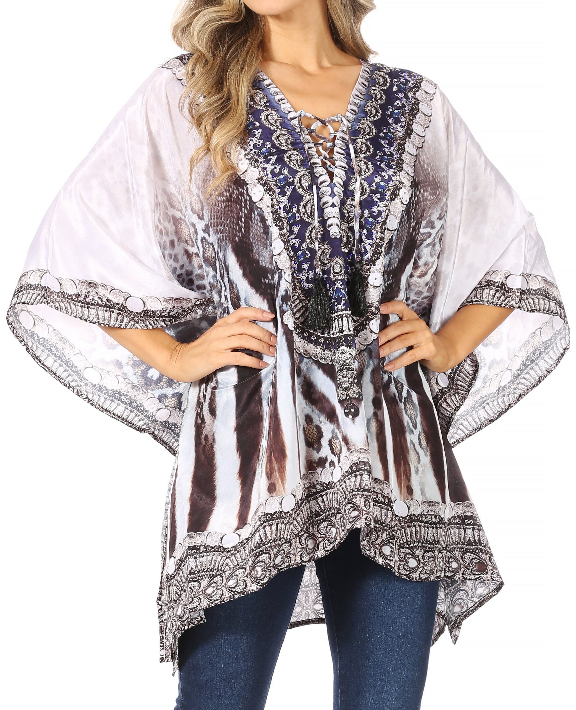 Stylish Rhinestone Lace-Up V-Neck Women's Caftan Poncho Cover-Up by Sakkas Aymee - Concordia Style Boutique