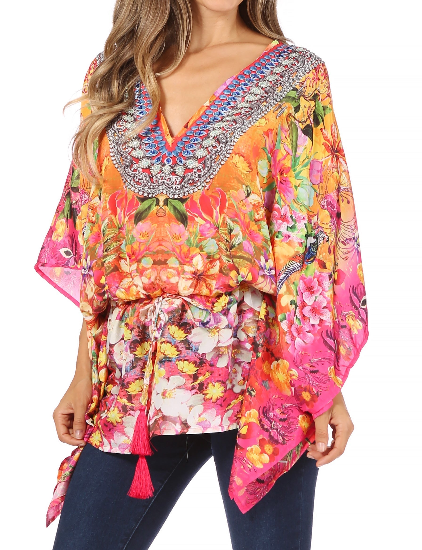 Sakkas Danis Women's Oversized Casual Pullover V-neck Short Sleeve Boho Top Blouse - Concordia Style Boutique