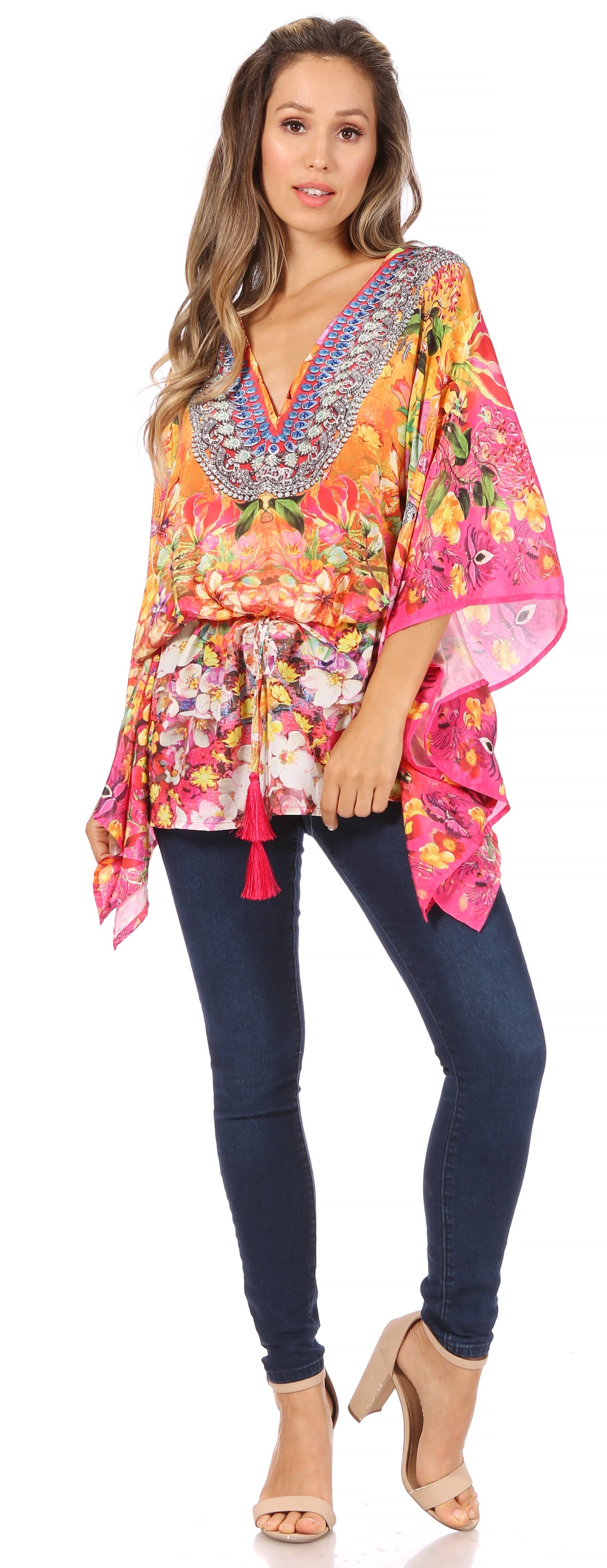Sakkas Danis Women's Oversized Casual Pullover V-neck Short Sleeve Boho Top Blouse - Concordia Style Boutique