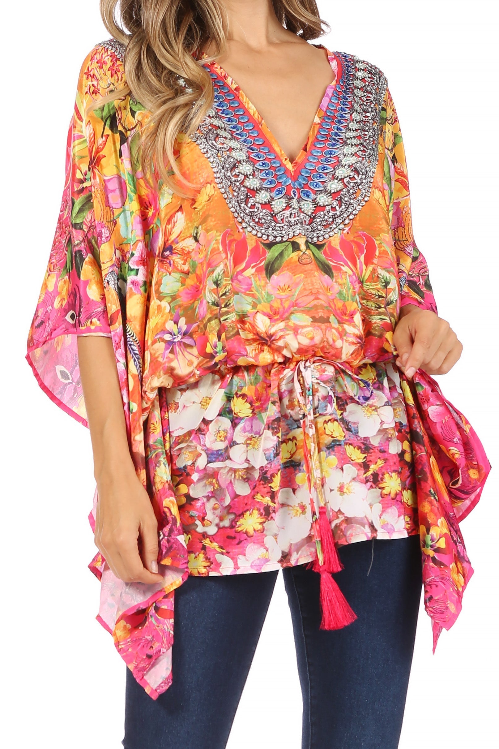 Sakkas Danis Women's Oversized Casual Pullover V-neck Short Sleeve Boho Top Blouse - Concordia Style Boutique
