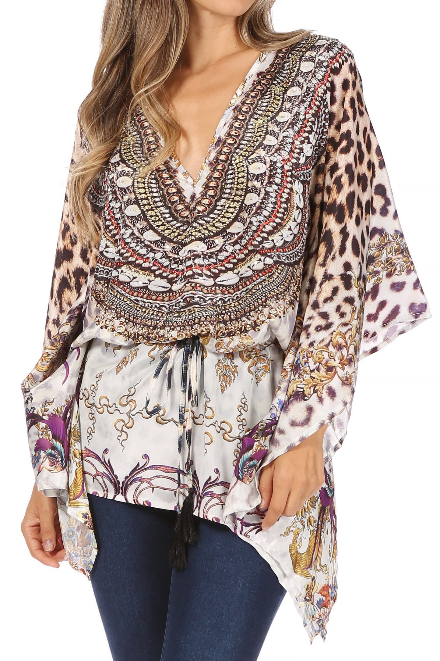 Sakkas Danis Women's Oversized Casual Pullover V-neck Short Sleeve Boho Top Blouse - Concordia Style Boutique