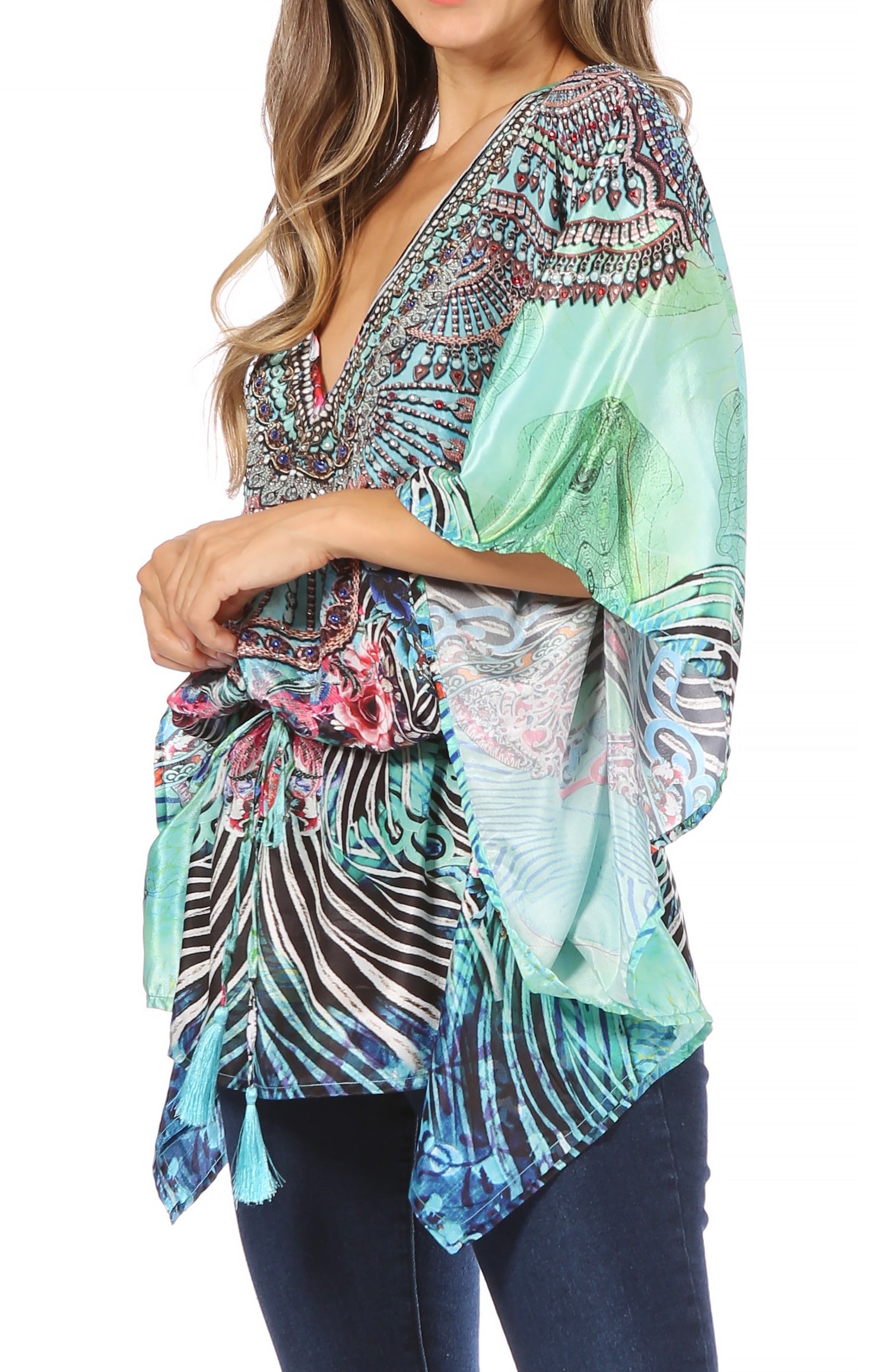 Sakkas Danis Women's Oversized Casual Pullover V-neck Short Sleeve Boho Top Blouse - Concordia Style Boutique