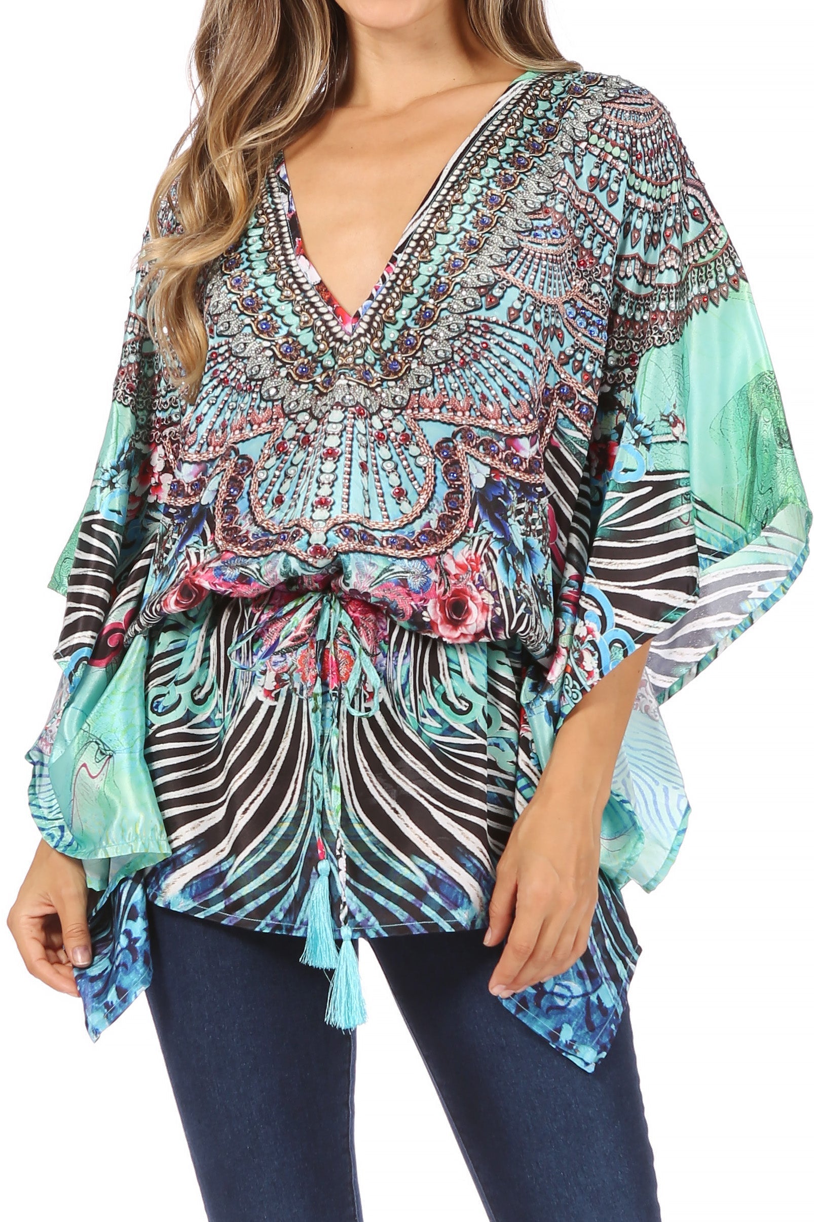 Sakkas Danis Women's Oversized Casual Pullover V-neck Short Sleeve Boho Top Blouse - Concordia Style Boutique