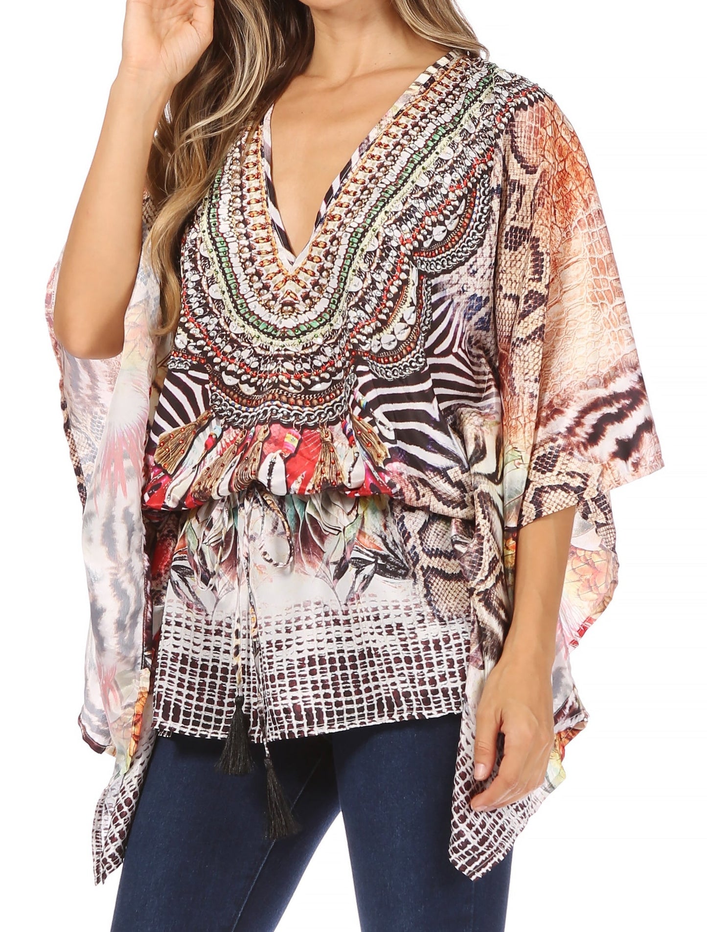Sakkas Danis Women's Oversized Casual Pullover V-neck Short Sleeve Boho Top Blouse - Concordia Style Boutique