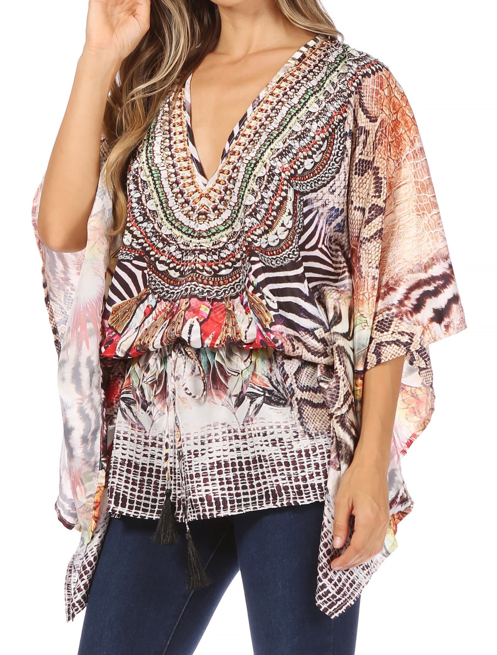 Sakkas Danis Women's Oversized Casual Pullover V-neck Short Sleeve Boho Top Blouse - Concordia Style Boutique