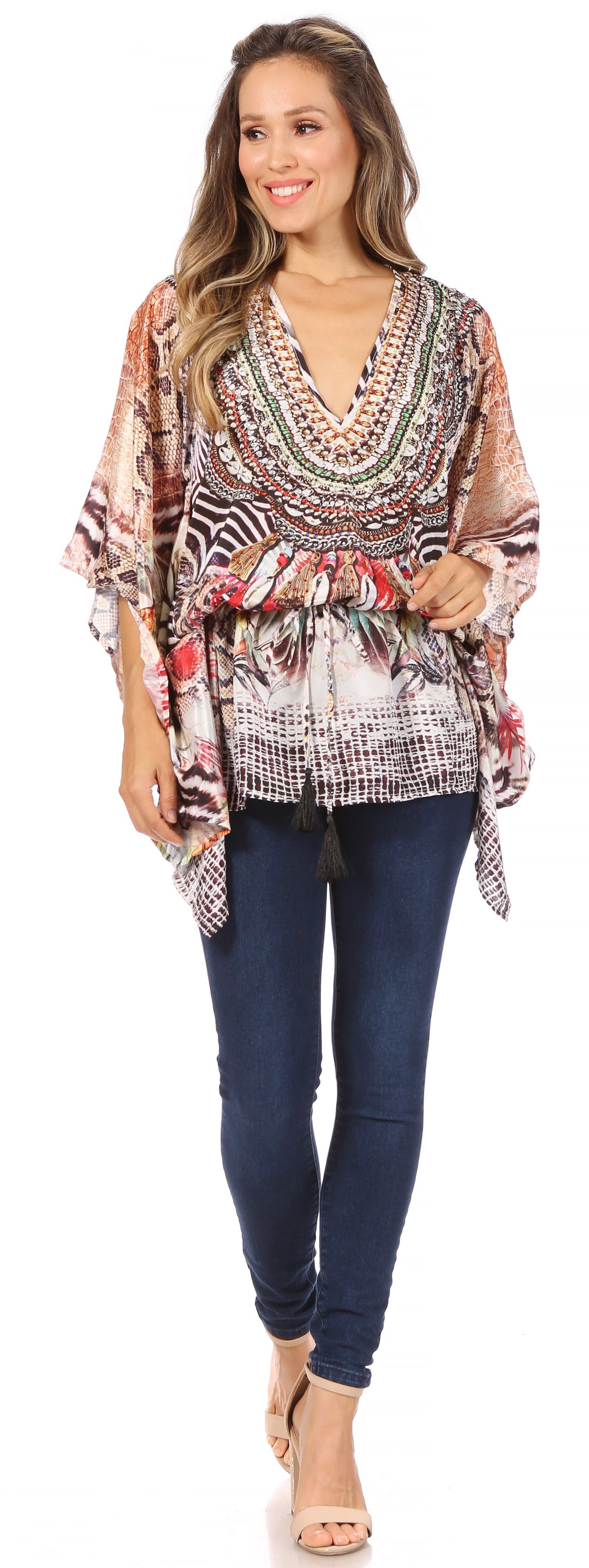 Sakkas Danis Women's Oversized Casual Pullover V-neck Short Sleeve Boho Top Blouse - Concordia Style Boutique