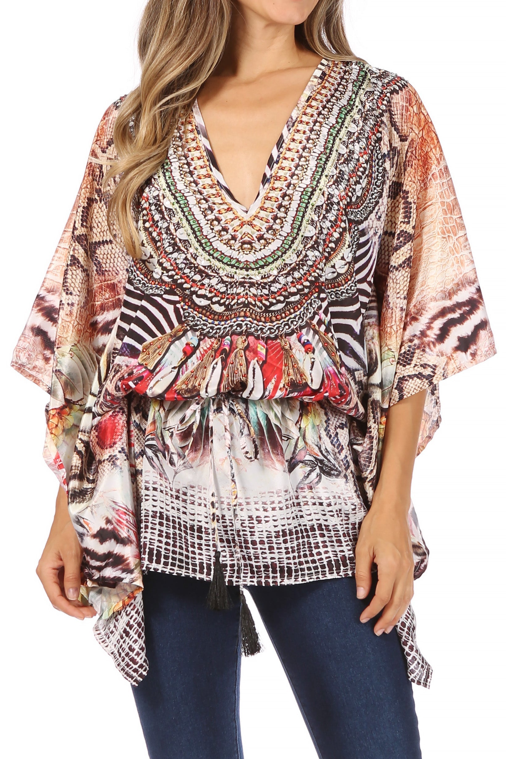 Sakkas Danis Women's Oversized Casual Pullover V-neck Short Sleeve Boho Top Blouse - Concordia Style Boutique