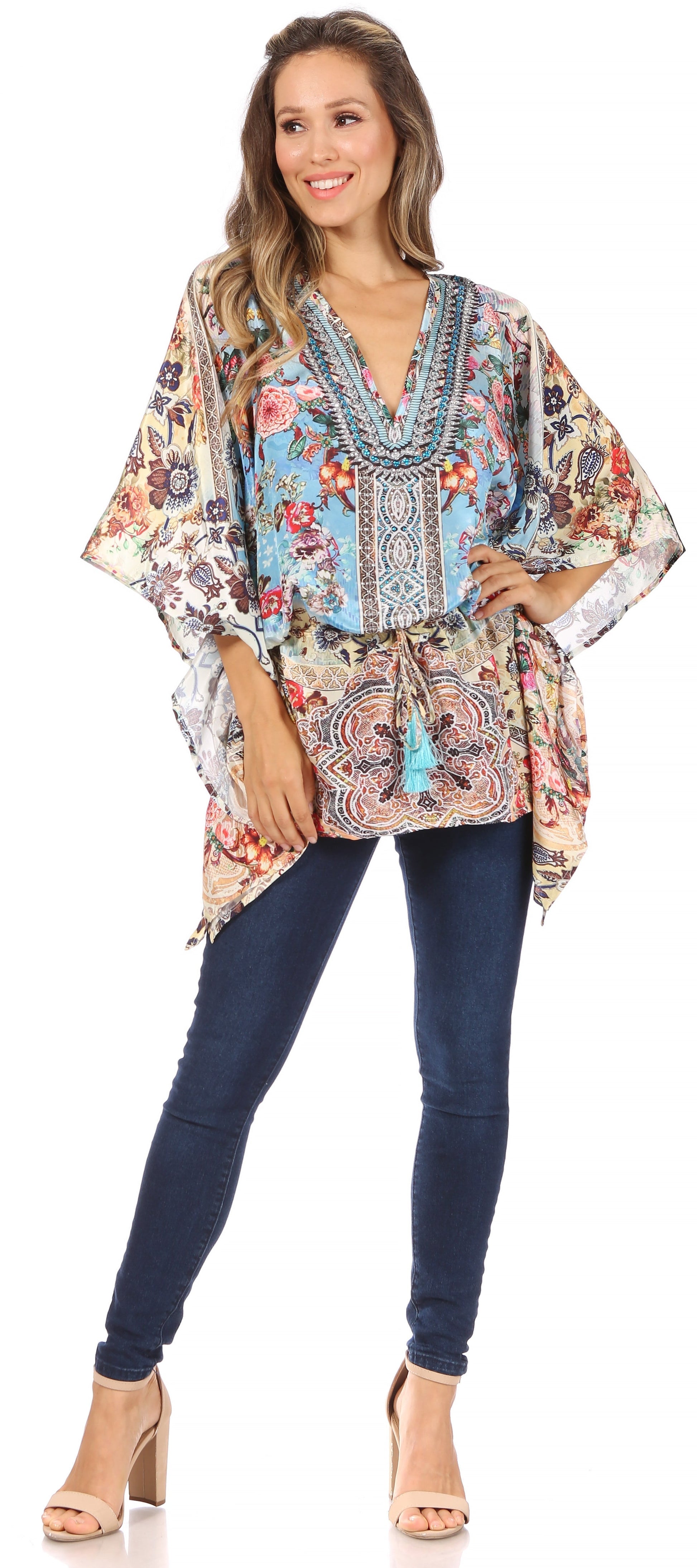Sakkas Danis Women's Oversized Casual Pullover V-neck Short Sleeve Boho Top Blouse - Concordia Style Boutique