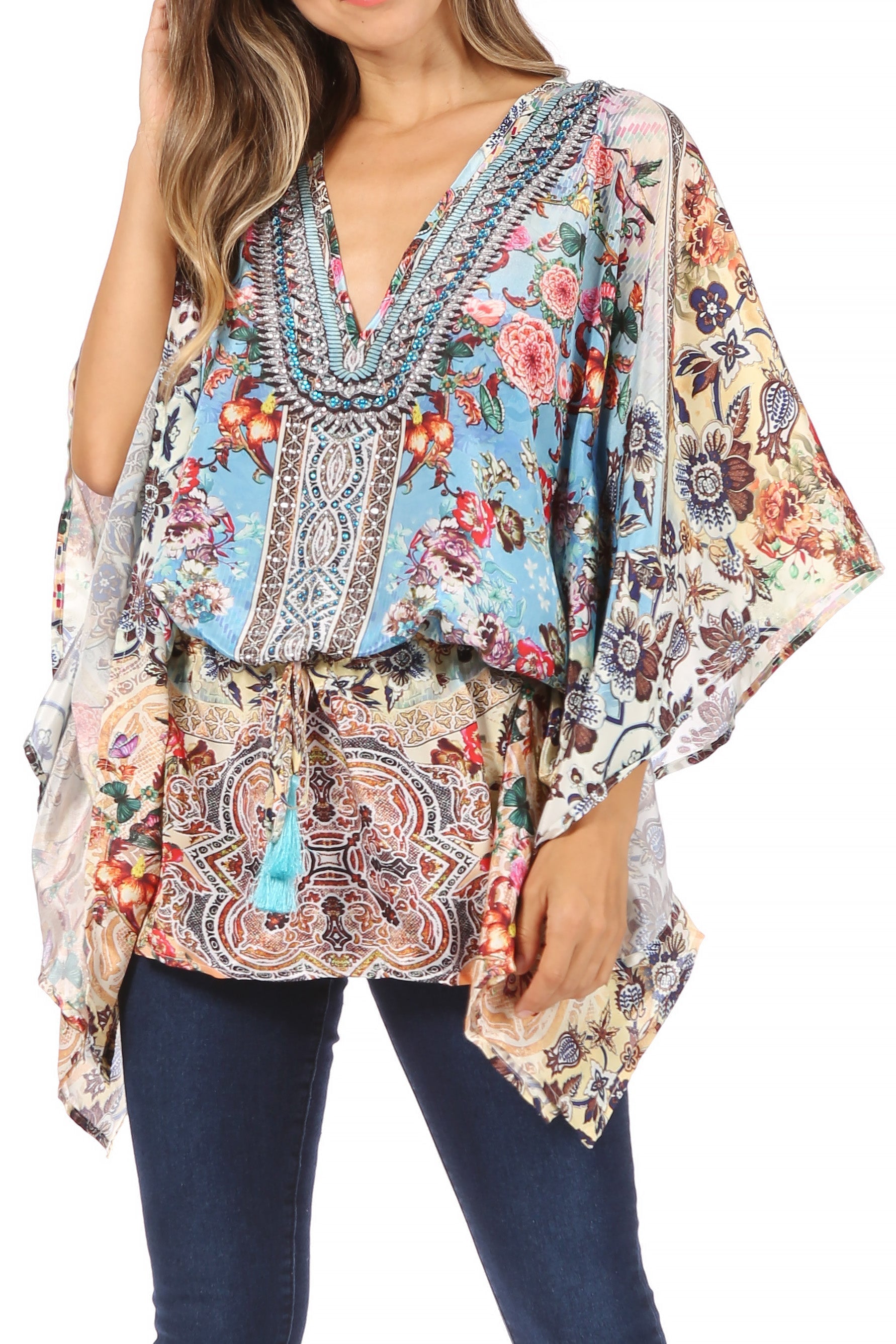 Sakkas Danis Women's Oversized Casual Pullover V-neck Short Sleeve Boho Top Blouse - Concordia Style Boutique