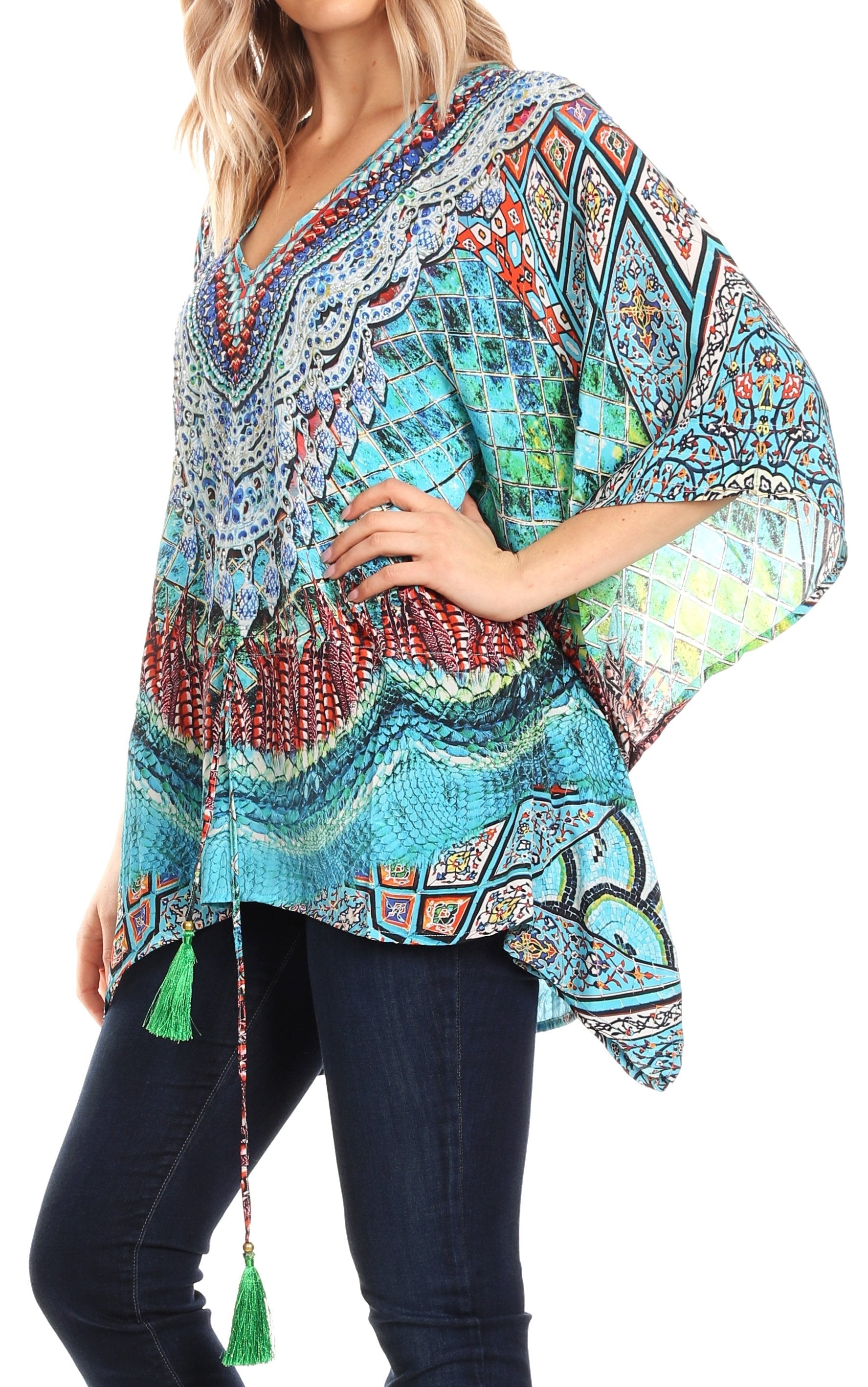 Sakkas Danis Women's Oversized Casual Pullover V-neck Short Sleeve Boho Top Blouse - Concordia Style Boutique