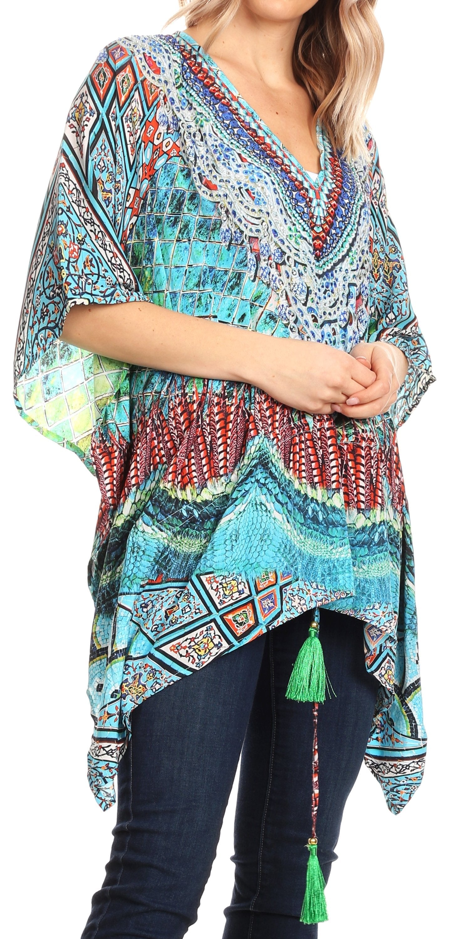Sakkas Danis Women's Oversized Casual Pullover V-neck Short Sleeve Boho Top Blouse - Concordia Style Boutique