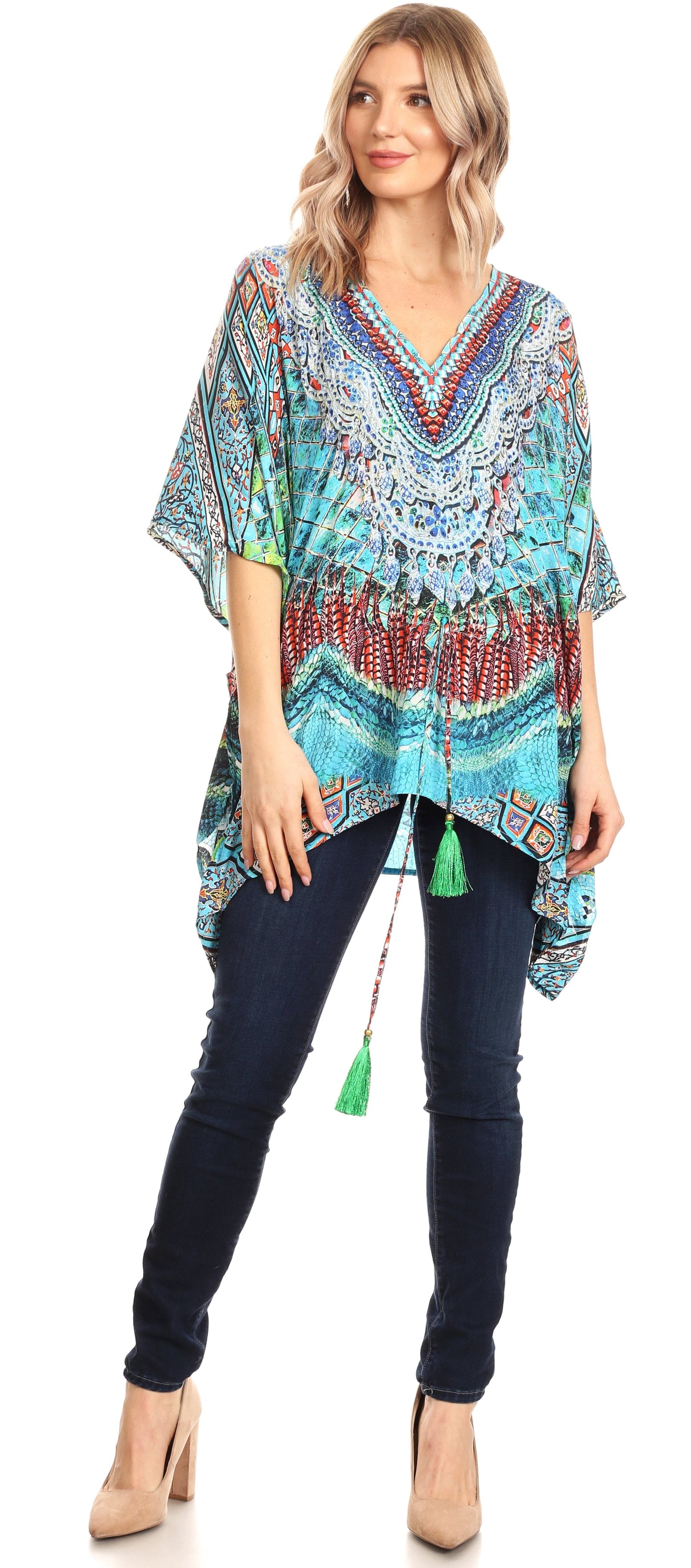 Sakkas Danis Women's Oversized Casual Pullover V-neck Short Sleeve Boho Top Blouse - Concordia Style Boutique