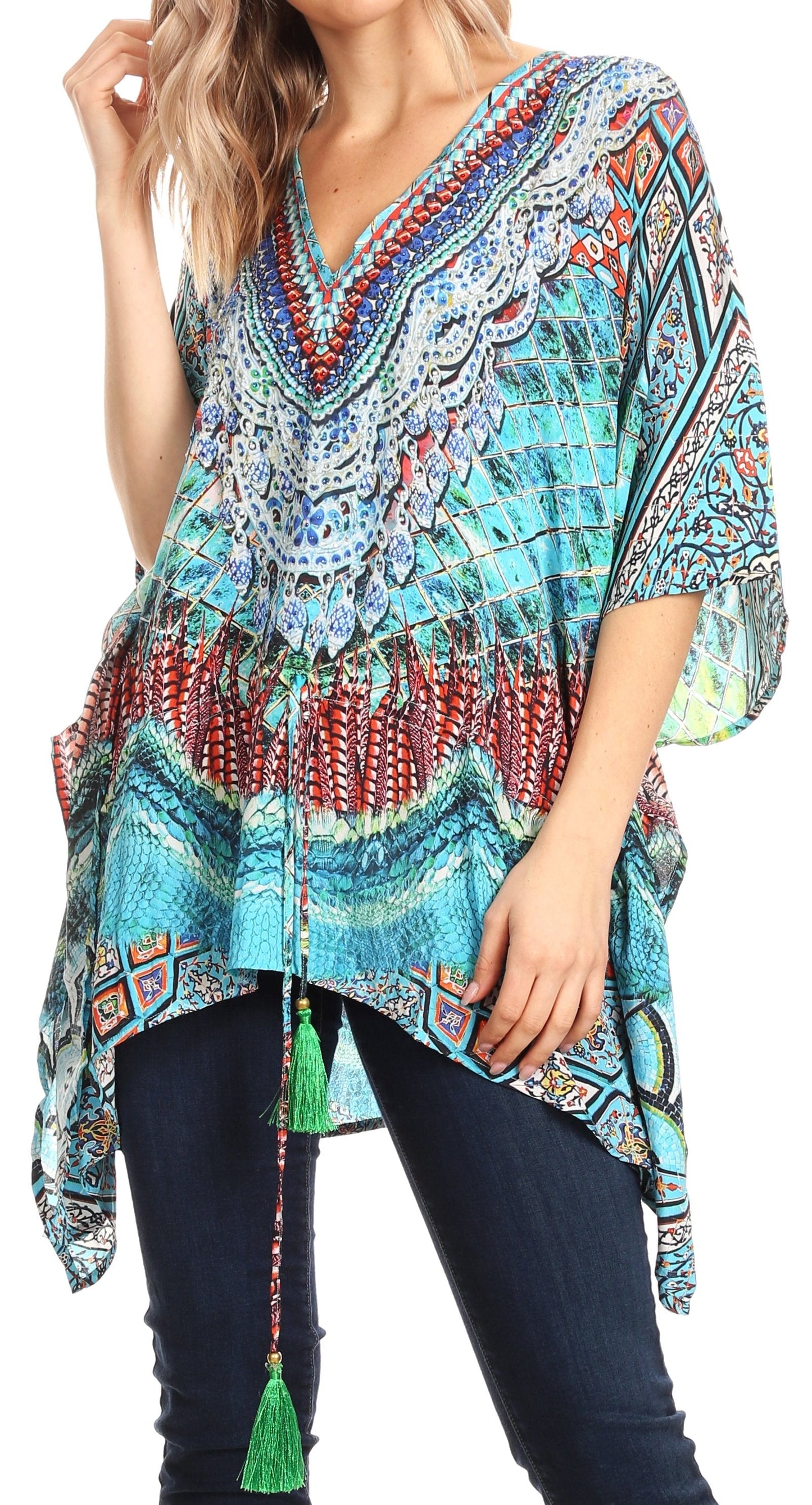 Sakkas Danis Women's Oversized Casual Pullover V-neck Short Sleeve Boho Top Blouse - Concordia Style Boutique