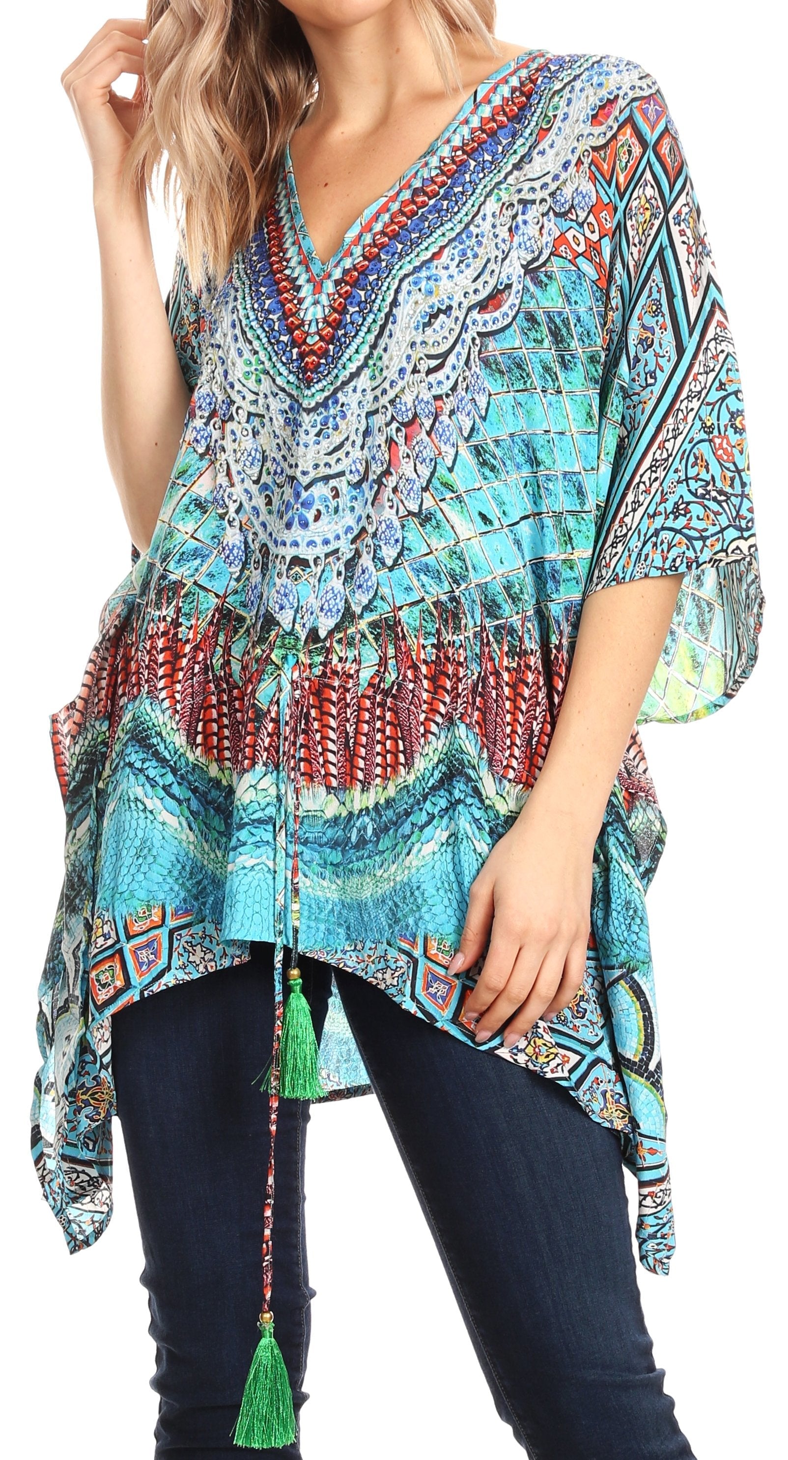 Sakkas Danis Women's Oversized Casual Pullover V-neck Short Sleeve Boho Top Blouse - Concordia Style Boutique