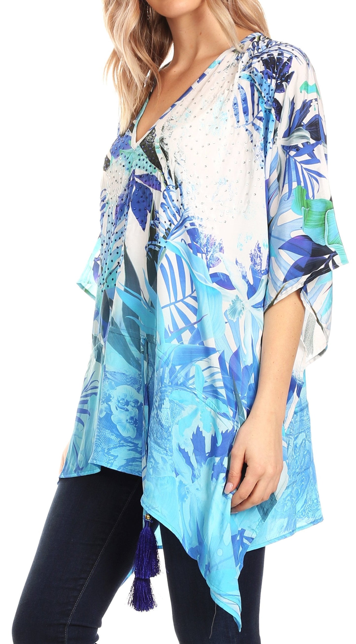 Sakkas Danis Women's Oversized Casual Pullover V-neck Short Sleeve Boho Top Blouse - Concordia Style Boutique