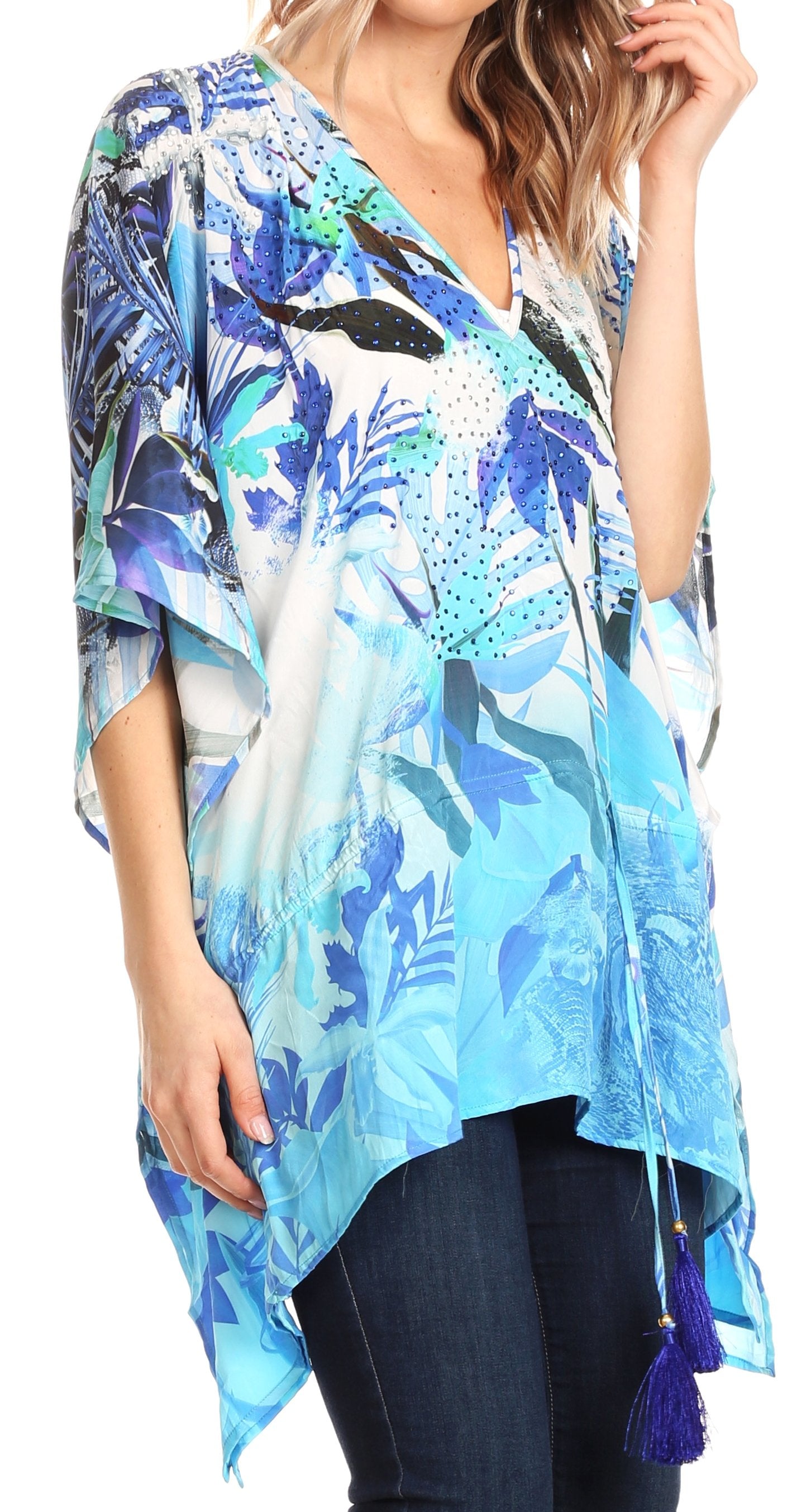Sakkas Danis Women's Oversized Casual Pullover V-neck Short Sleeve Boho Top Blouse - Concordia Style Boutique