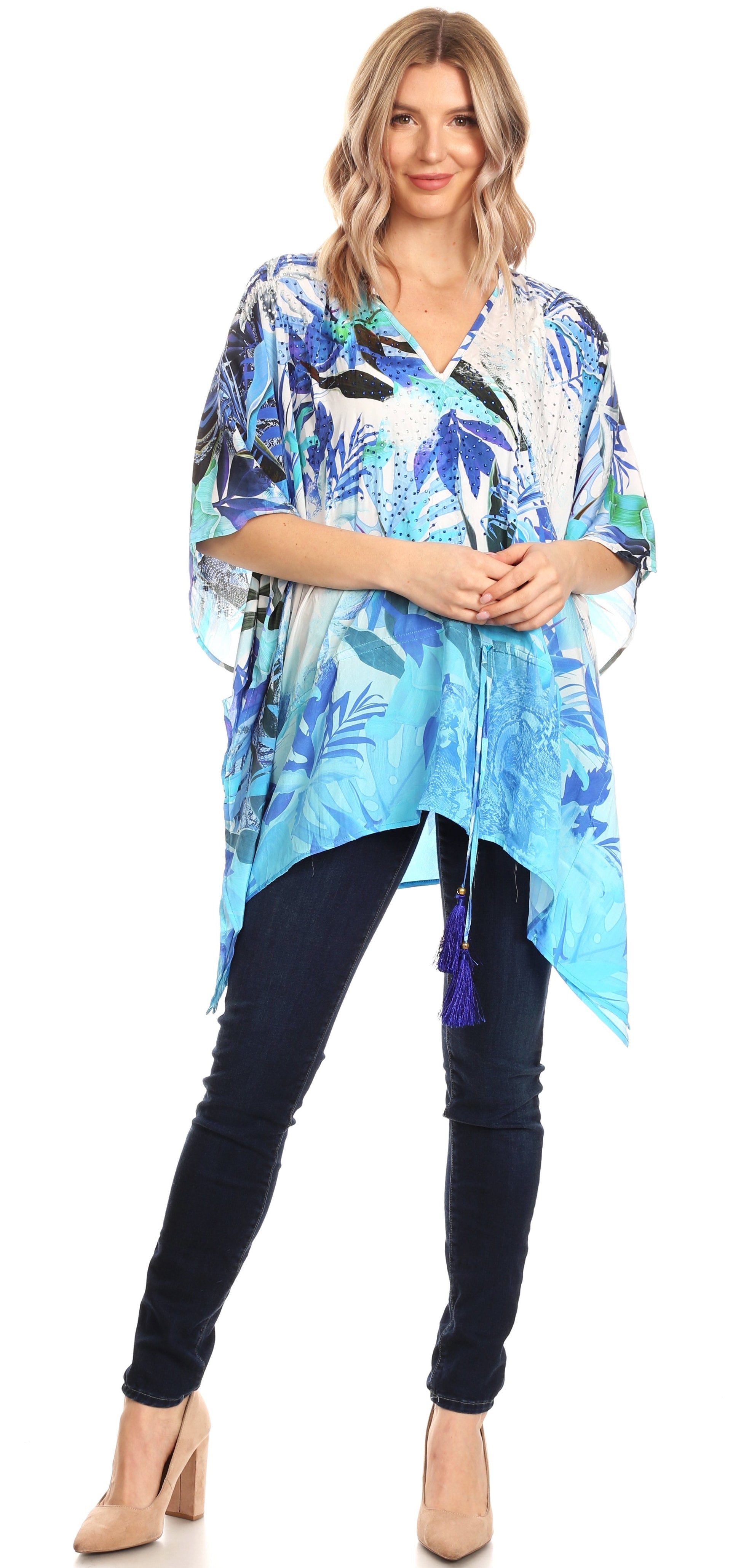 Sakkas Danis Women's Oversized Casual Pullover V-neck Short Sleeve Boho Top Blouse - Concordia Style Boutique
