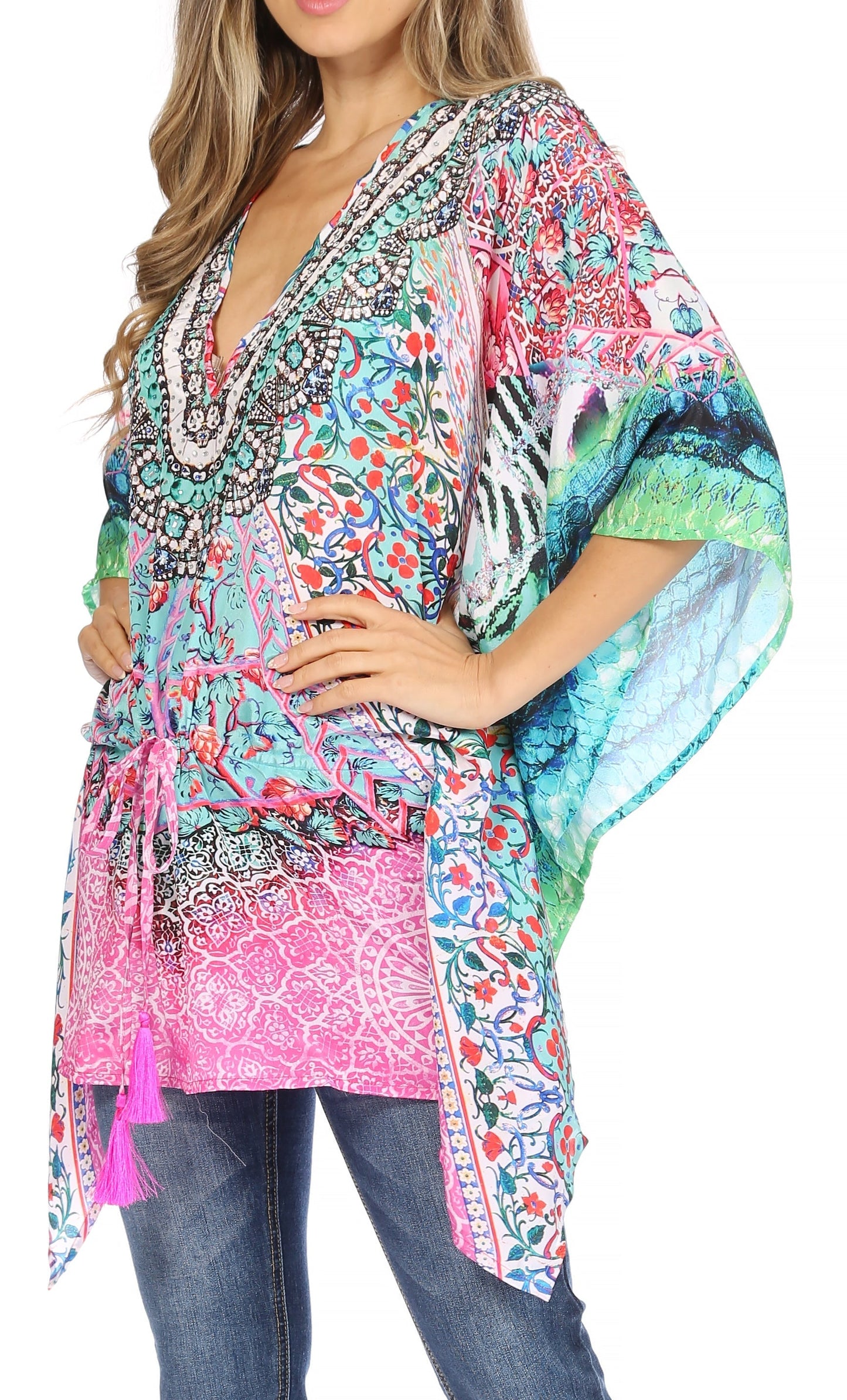 Sakkas Danis Women's Oversized Casual Pullover V-neck Short Sleeve Boho Top Blouse - Concordia Style Boutique