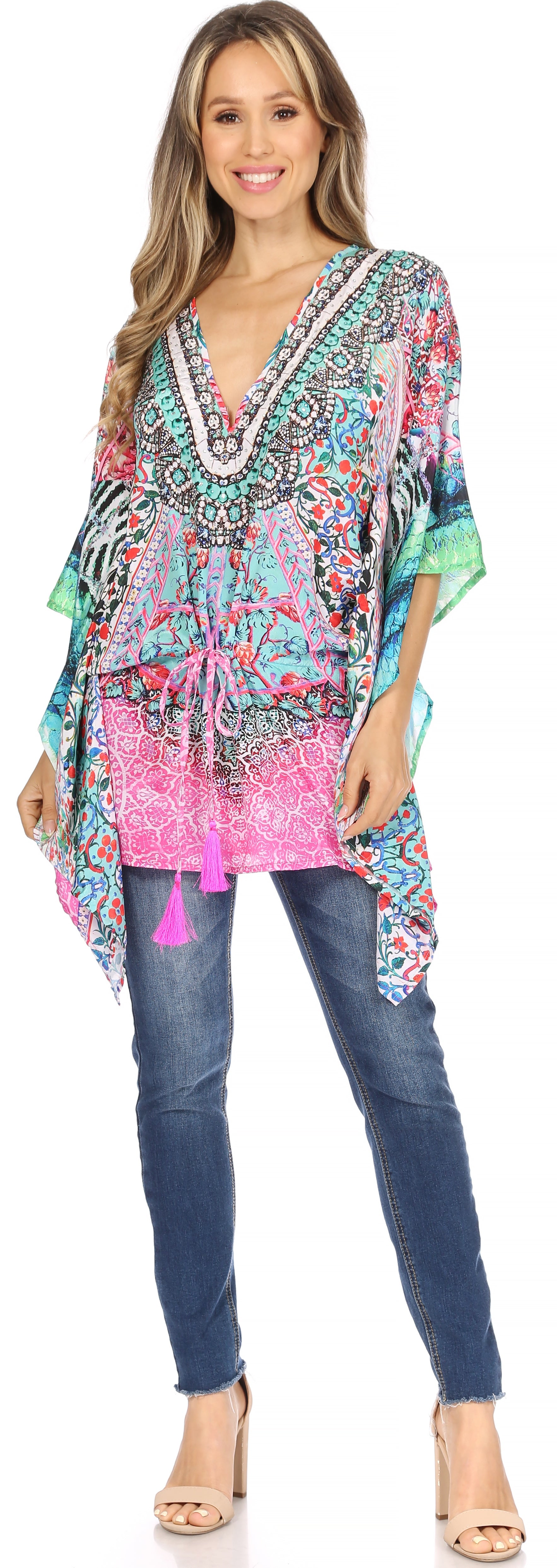 Sakkas Danis Women's Oversized Casual Pullover V-neck Short Sleeve Boho Top Blouse - Concordia Style Boutique