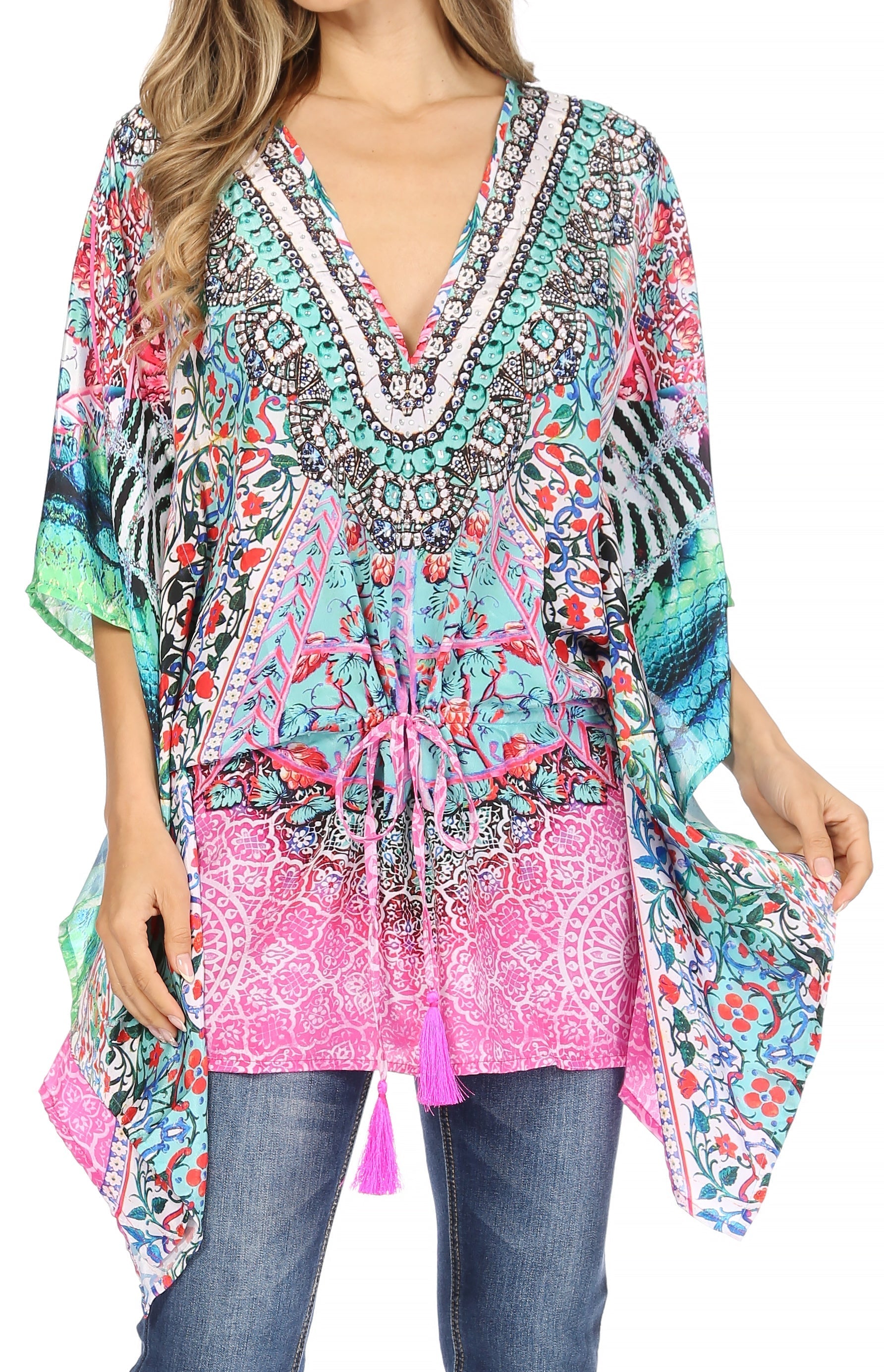 Sakkas Danis Women's Oversized Casual Pullover V-neck Short Sleeve Boho Top Blouse - Concordia Style Boutique