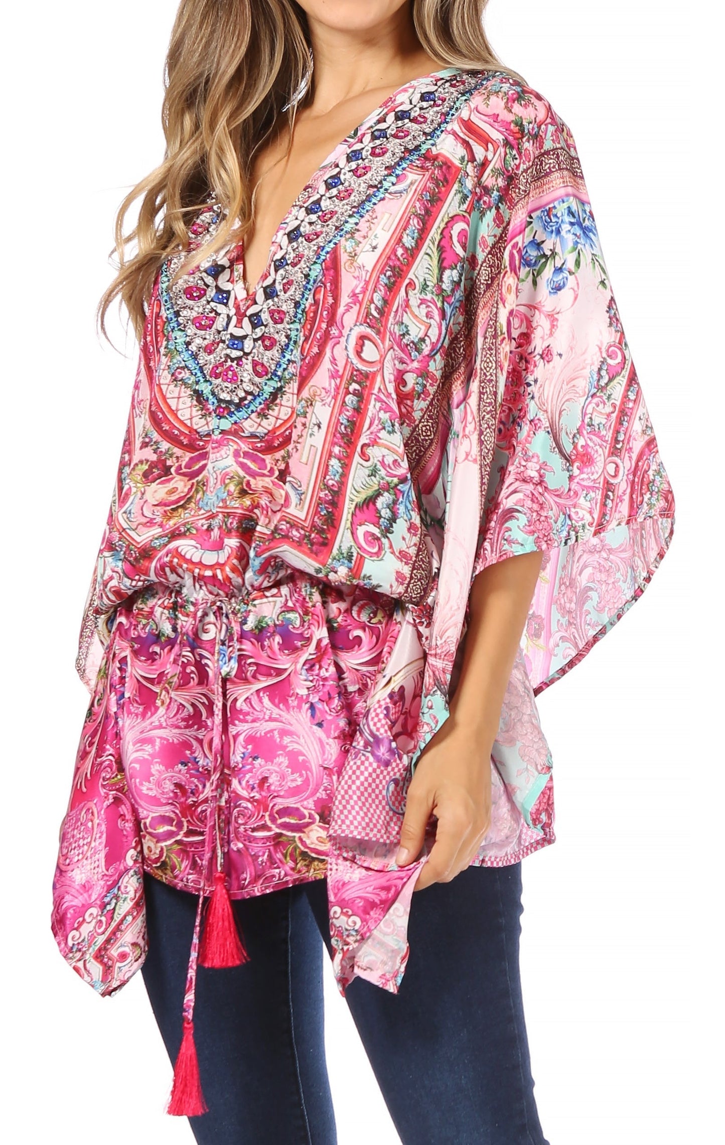 Sakkas Danis Women's Oversized Casual Pullover V-neck Short Sleeve Boho Top Blouse - Concordia Style Boutique