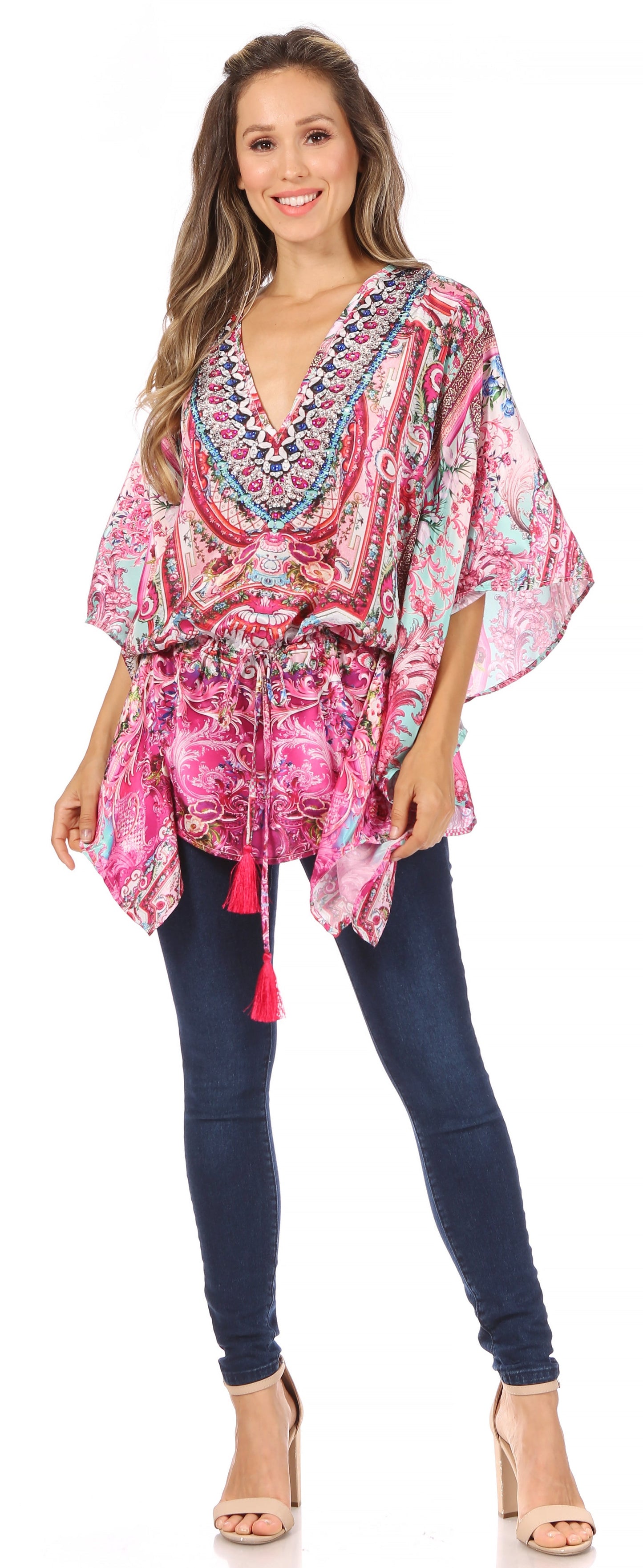 Sakkas Danis Women's Oversized Casual Pullover V-neck Short Sleeve Boho Top Blouse - Concordia Style Boutique