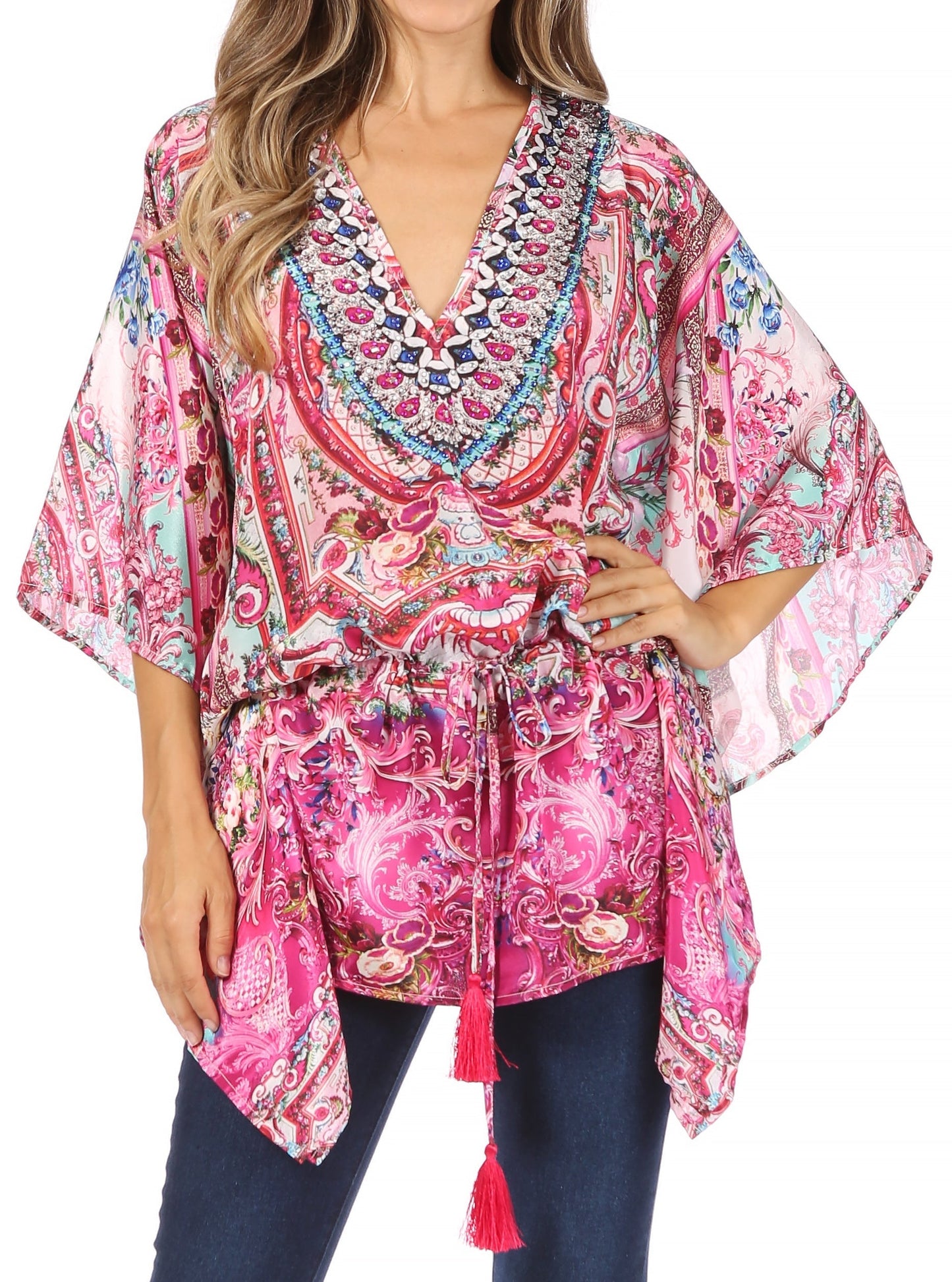 Sakkas Danis Women's Oversized Casual Pullover V-neck Short Sleeve Boho Top Blouse - Concordia Style Boutique